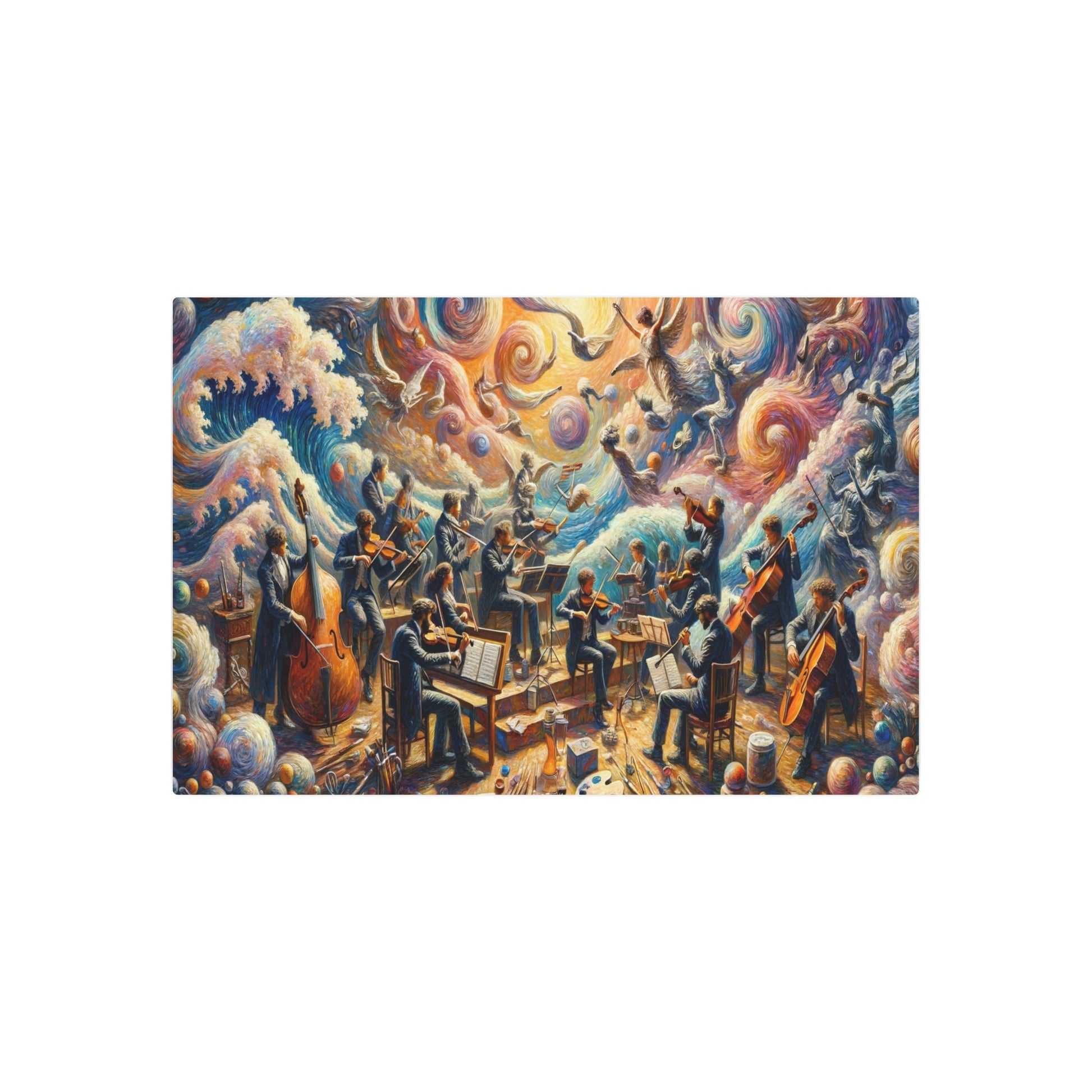 Metal Poster Art | "Post - Impressionistic Harmony: Vivid Fusion of Art and Music in Western Styles - Musicians, Classical Instruments, Painting & Sculpting Tools - Metal Poster Art 36″ x 24″ (Horizontal) 0.12''