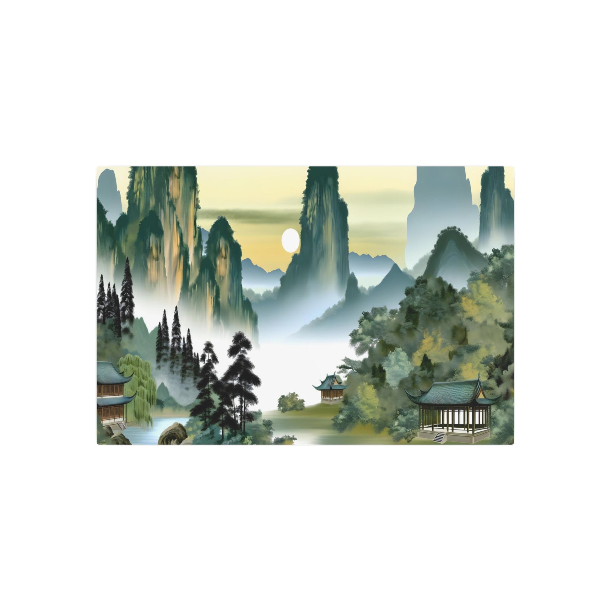 Metal Poster Art | "Traditional Chinese Landscape Artwork - Misty Mountain, Serene River & Ancient Pavilion Sunset Scene - Asian Art Styles, Chinese Landscape Sub-category" - Metal Poster Art 36″ x 24″ (Horizontal) 0.12''