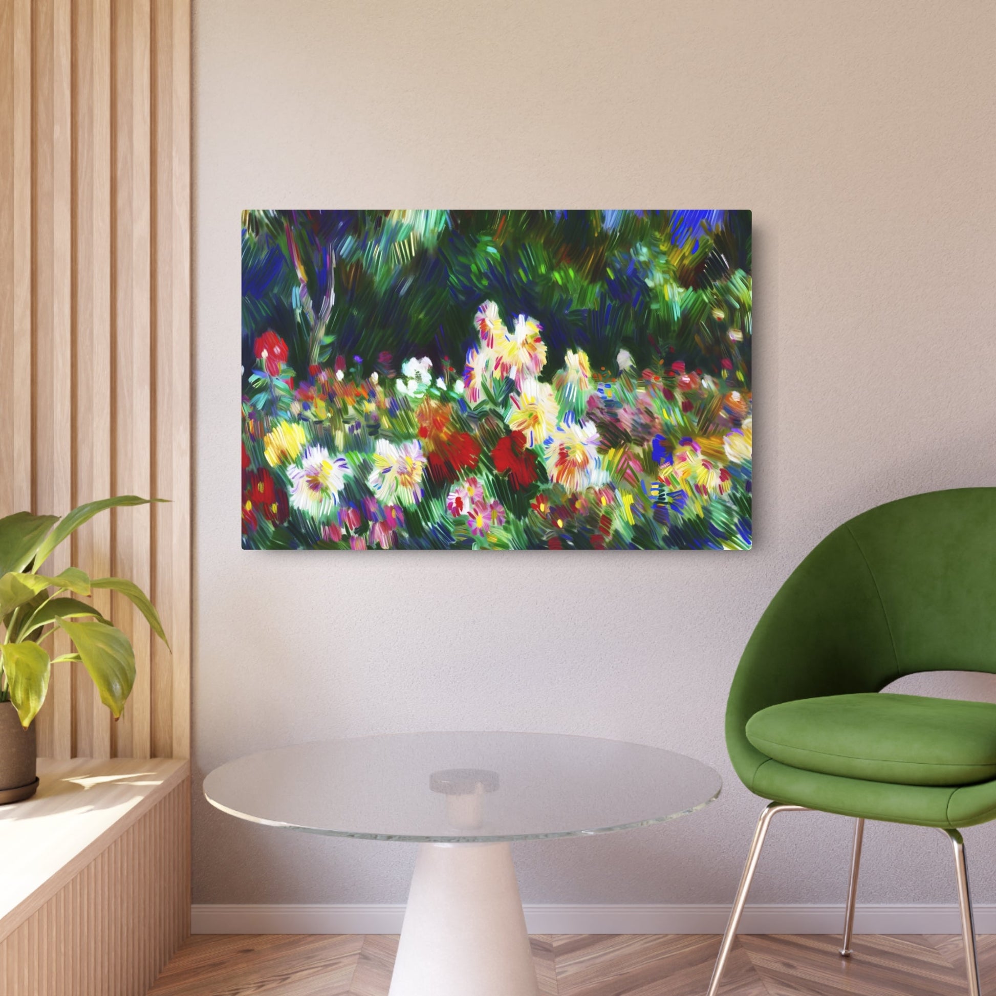 Metal Poster Art | "Post-Impressionistic Vibrant Garden Painting - Blooming Flowers Artwork in Western Art Styles Category" - Metal Poster Art 36″ x 24″ (Horizontal) 0.12''