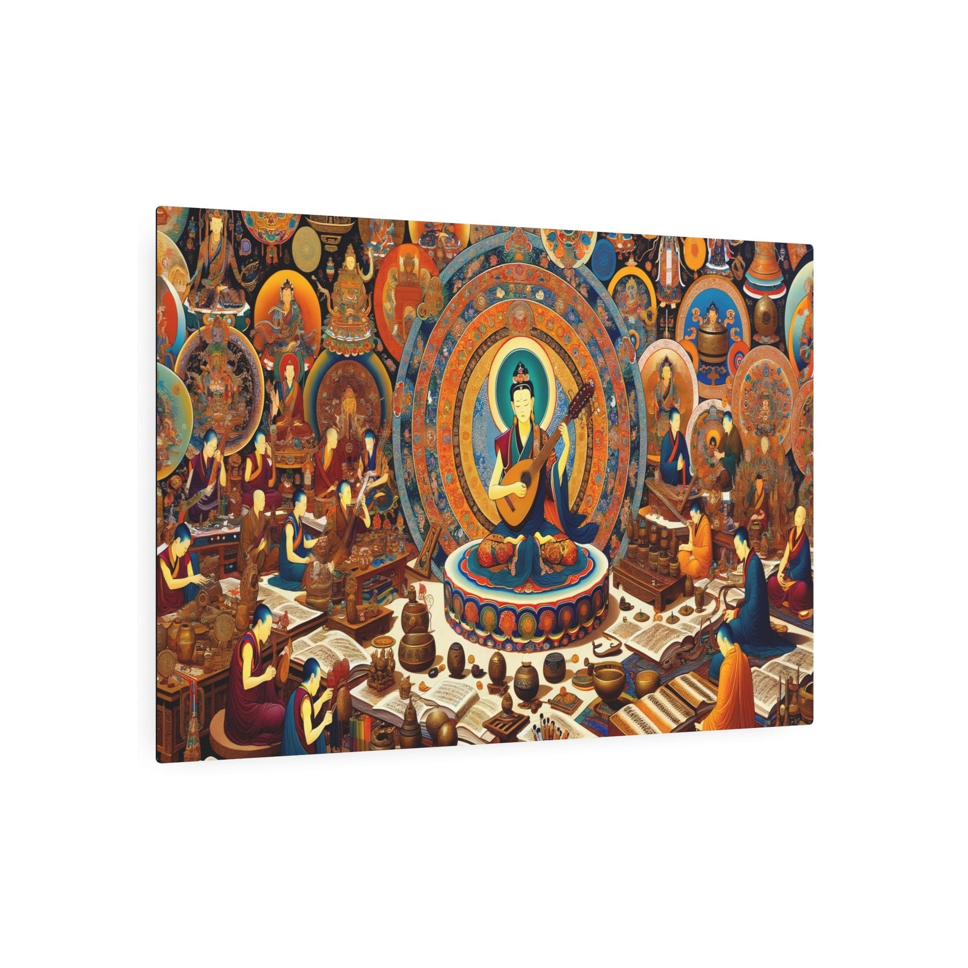 Metal Poster Art | "Thangka - Style Tibetan Art Painting: Musical Theme with Dramnyen Player and Traditional Instruments Encircled by Monks in Artistic Purs - Metal Poster Art 36″ x 24″ (Horizontal) 0.12''