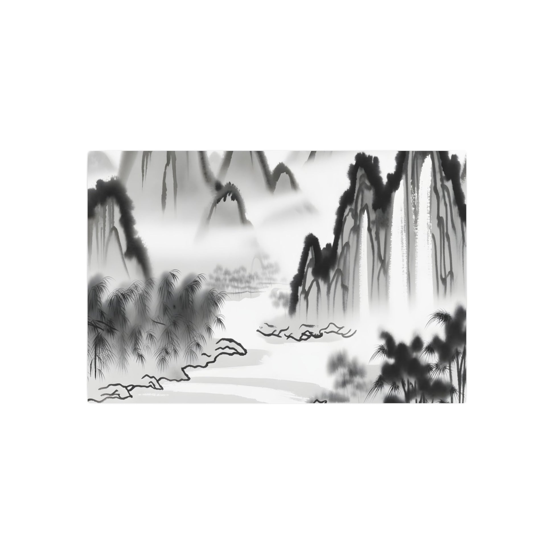 Metal Poster Art | "Traditional Chinese Landscape Artwork Featuring Mountains, Rivers, and Waterfalls - Asian Art Styles Collection" - Metal Poster Art 36″ x 24″ (Horizontal) 0.12''