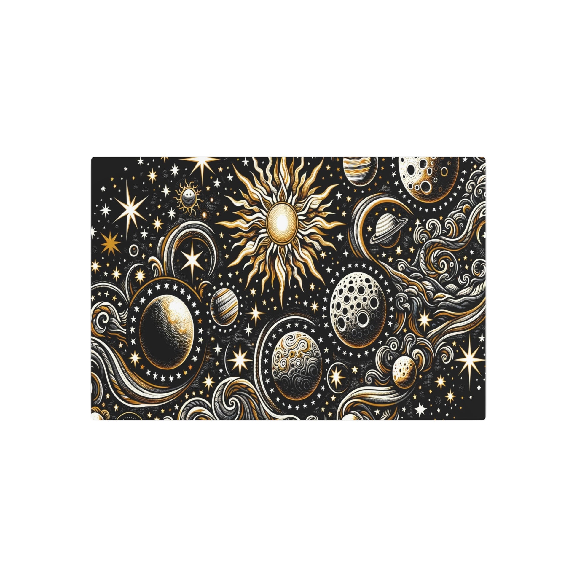 Metal Poster Art | "Indonesian Batik Artwork with Celestial Bodies - Handcrafted Sun, Moon, Stars and Planets Design in Non - Western & Global - Metal Poster Art 36″ x 24″ (Horizontal) 0.12''