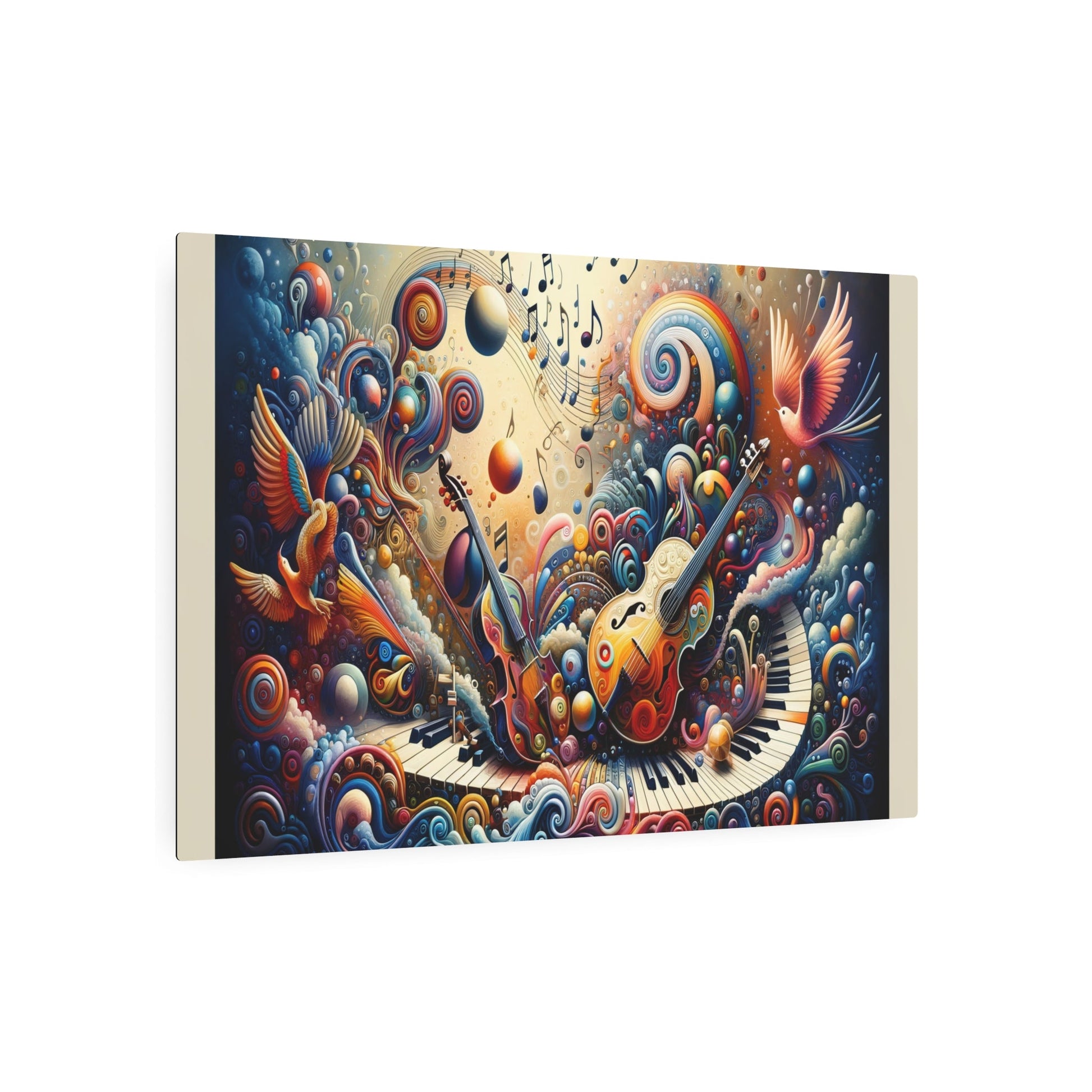 Metal Poster Art | "Harmonious Chaos: Surrealism - Inspired Music & Art Fusion - Modern Contemporary Style Vibrant Painting with Musical Notes, Eccentric Shapes - Metal Poster Art 36″ x 24″ (Horizontal) 0.12''