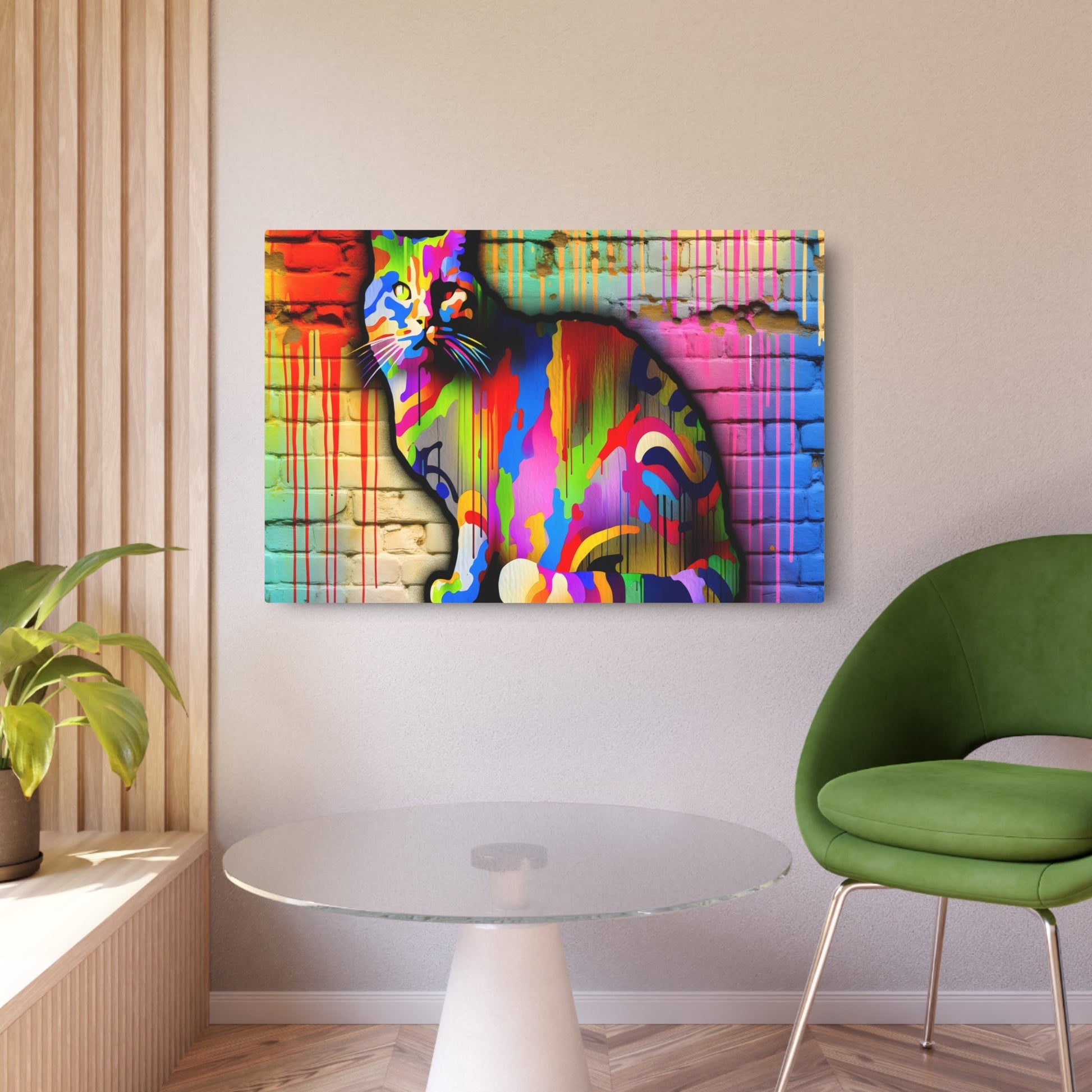 Metal Poster Art | "Modern & Contemporary Vibrant and Colourful Street Art Style Cat Image - Unique Urban Feline Artwork" - Metal Poster Art 36″ x 24″ (Horizontal) 0.12''