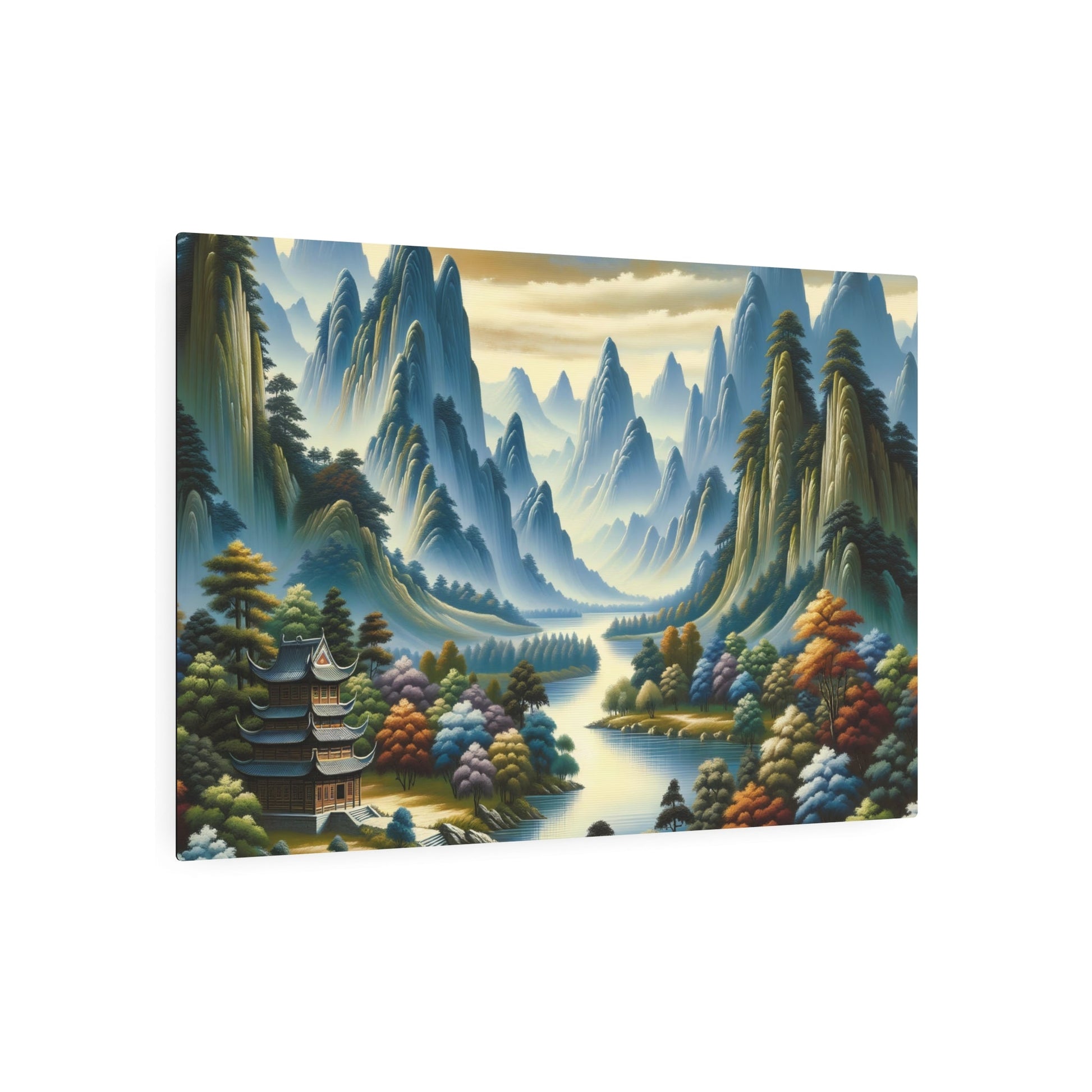 Metal Poster Art | "Traditional Chinese Landscape Art: Stunning Handmade Painting of Mountains, Rivers, Trees and Ancient Temple - Authentic Asian Art Styles Collection" - Metal Poster Art 36″ x 24″ (Horizontal) 0.12''