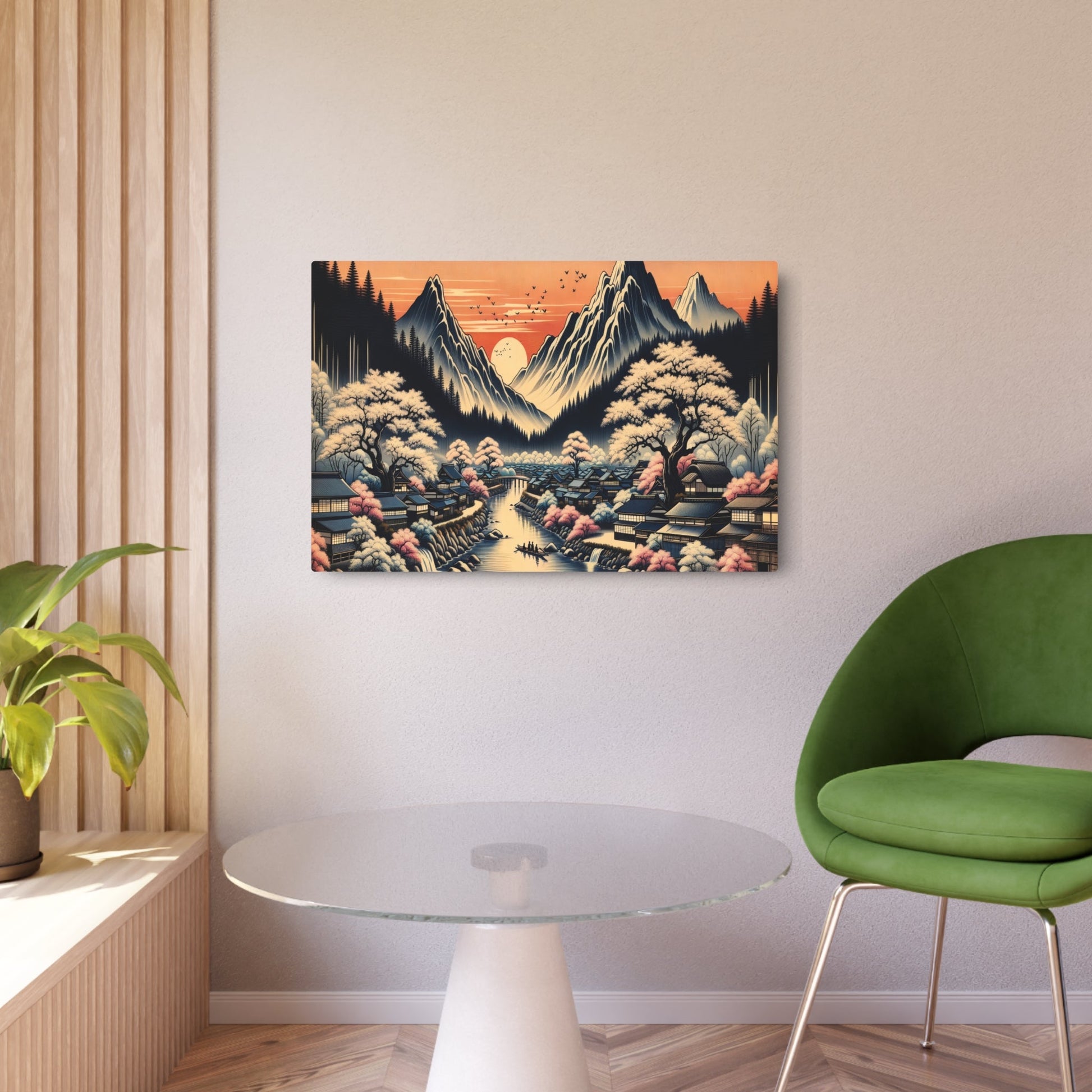 Metal Poster Art | "Kano School Inspired Artwork: Traditional Japanese Village Surrounded by Cherry Blossoms, River & Mountains at Sunset - Asian Art Styles Collection" - Metal Poster Art 36″ x 24″ (Horizontal) 0.12''