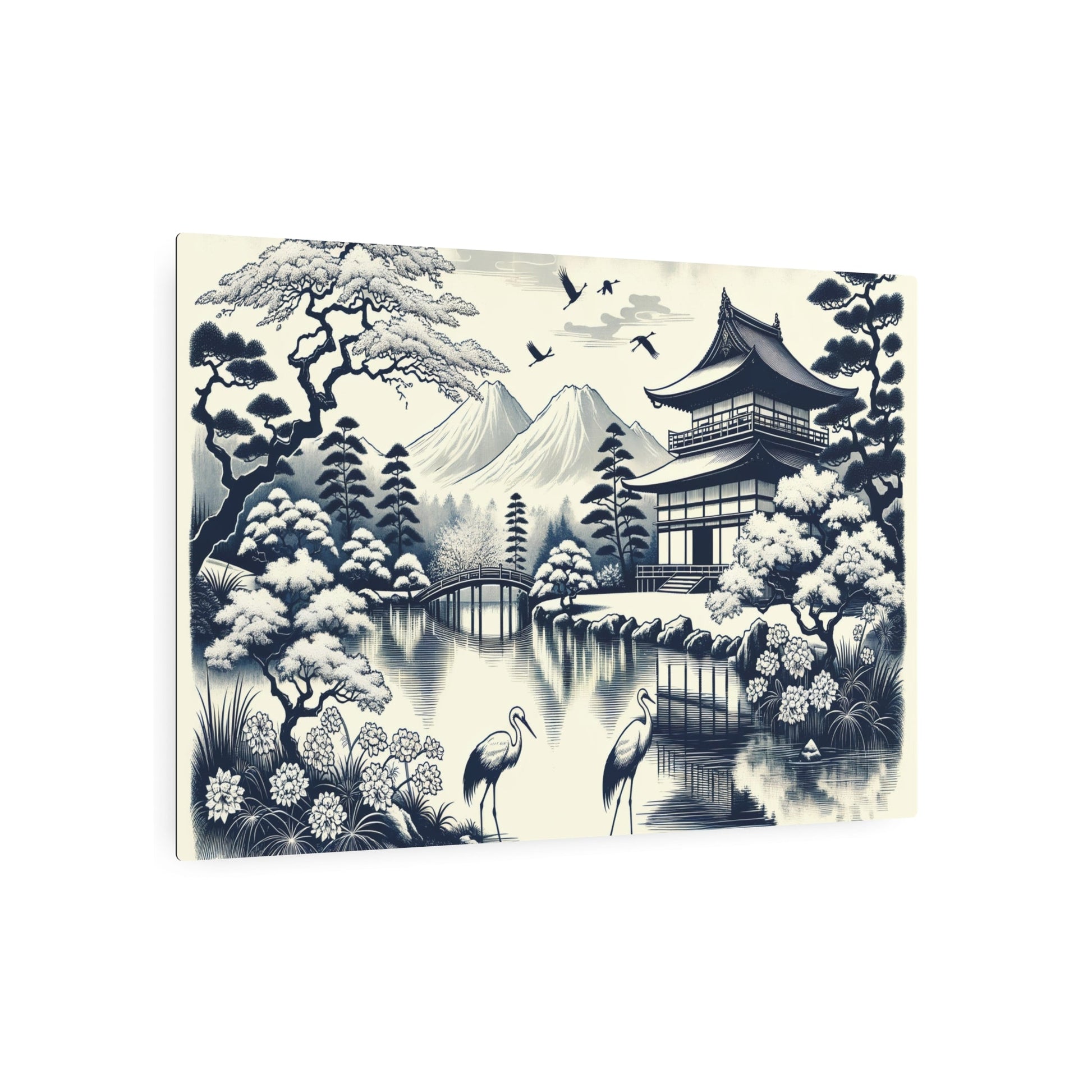 Metal Poster Art | "Kano School Inspired Asian Art: Serene Japanese Landscape with Cherry Blossom Trees, Tranquil Pond, and Elegant Cranes - Monochromatic - Metal Poster Art 36″ x 24″ (Horizontal) 0.12''