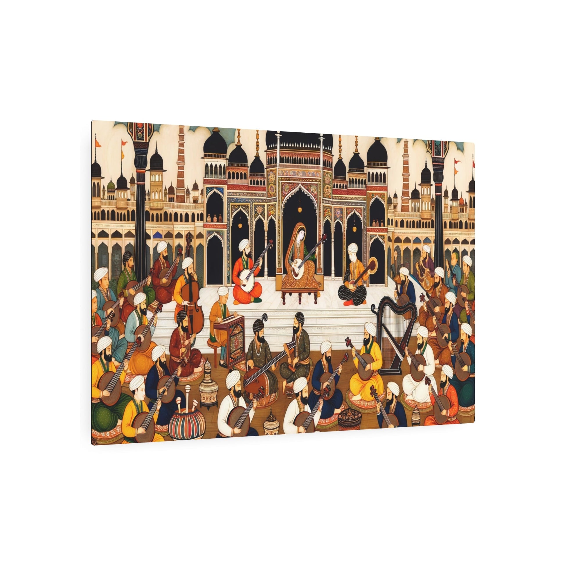 Metal Poster Art | "Mughal Miniature Style Art of Musicians Playing Traditional South Asian Instruments - Richly Colored and Intricately Detailed Non - Western Global Art - Metal Poster Art 36″ x 24″ (Horizontal) 0.12''