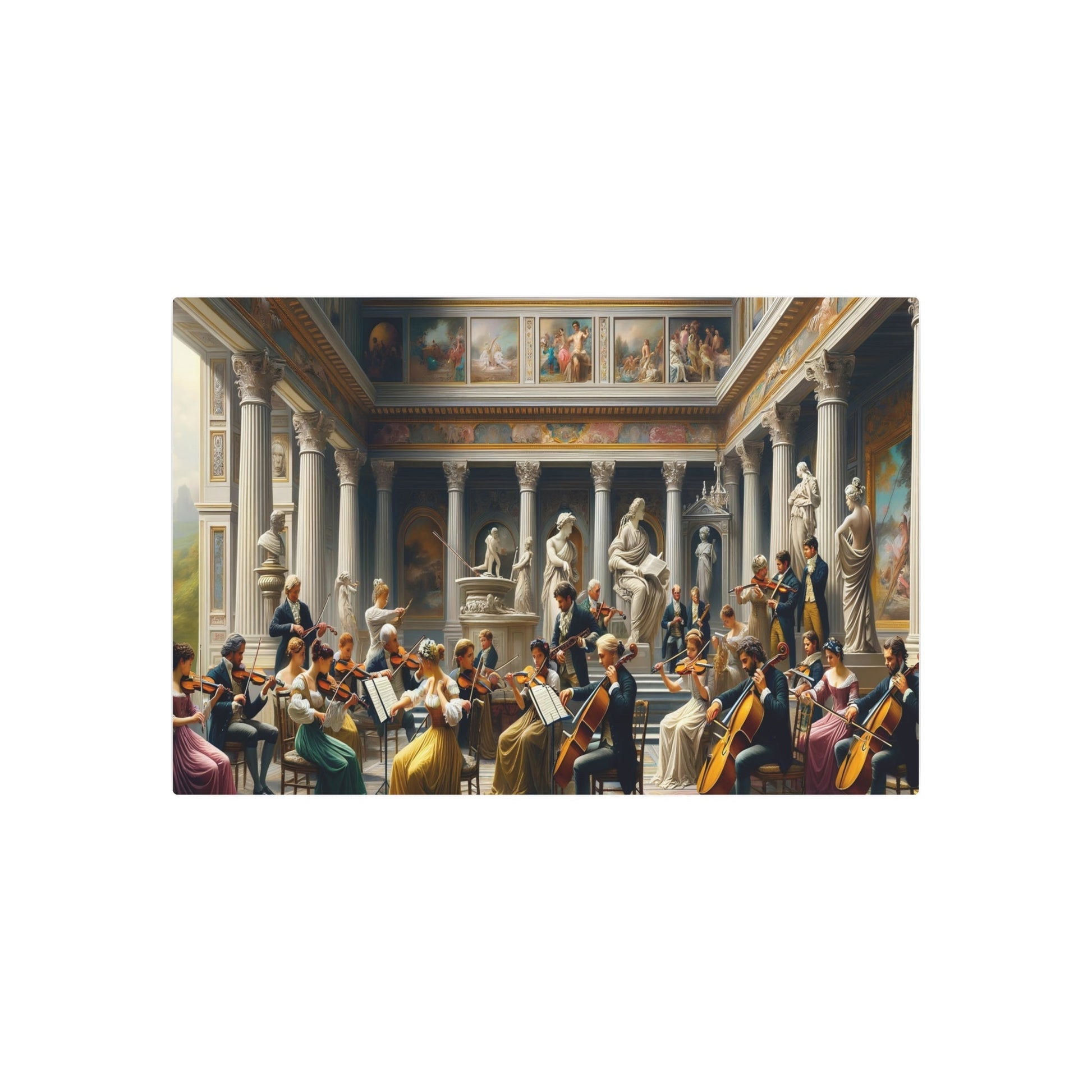 Metal Poster Art | "Neoclassical Art Print - Fusion of Music and Art Featuring Musicians, Violins, Cellos in Grand Grecian Rooms | Western - Metal Poster Art 36″ x 24″ (Horizontal) 0.12''