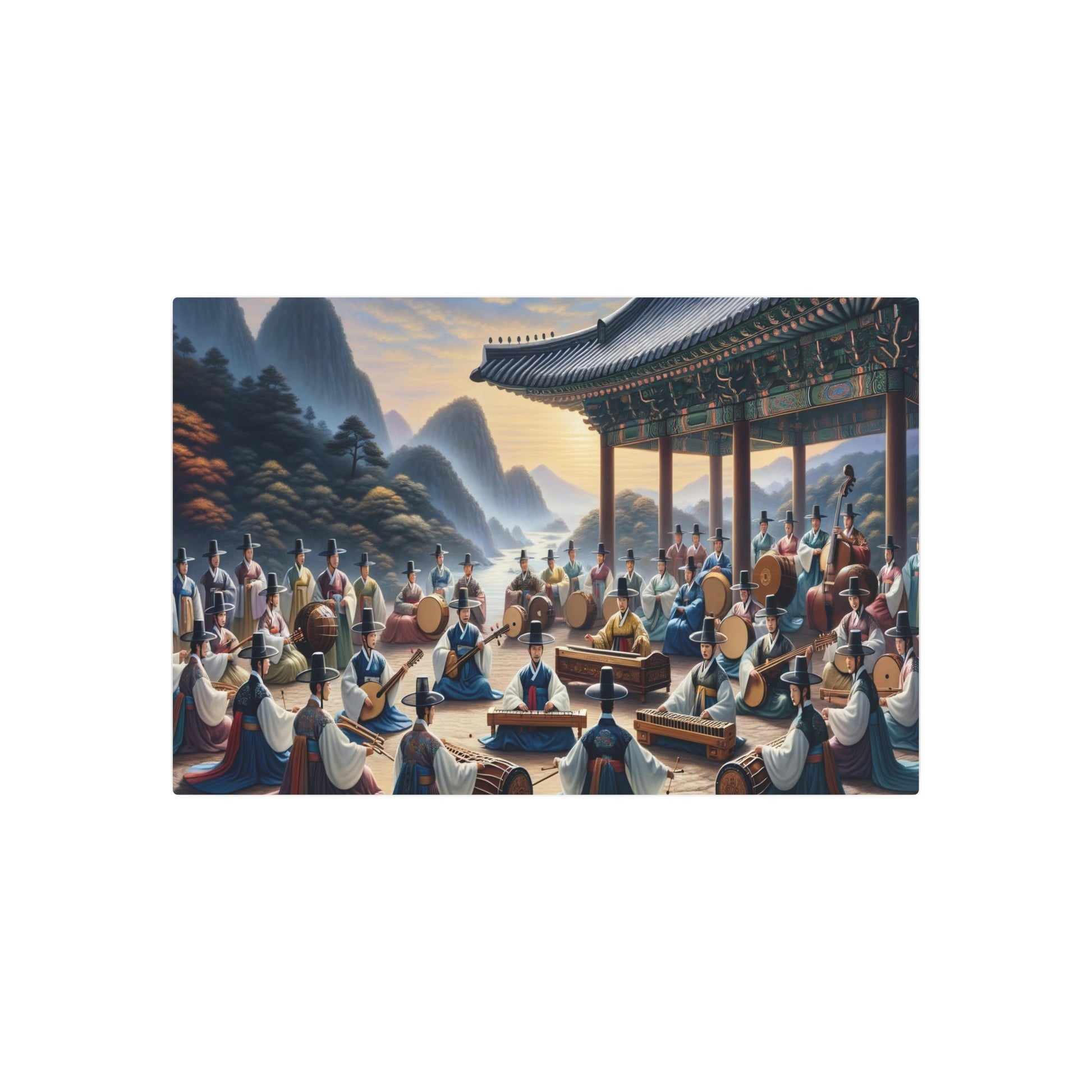 Metal Poster Art | "Traditional Korean Music Performance Art Piece - Joseon Dynasty Style Painting Featuring Gayageum, Geomungo, and Piri Instruments with Authentic Han - Metal Poster Art 36″ x 24″ (Horizontal) 0.12''