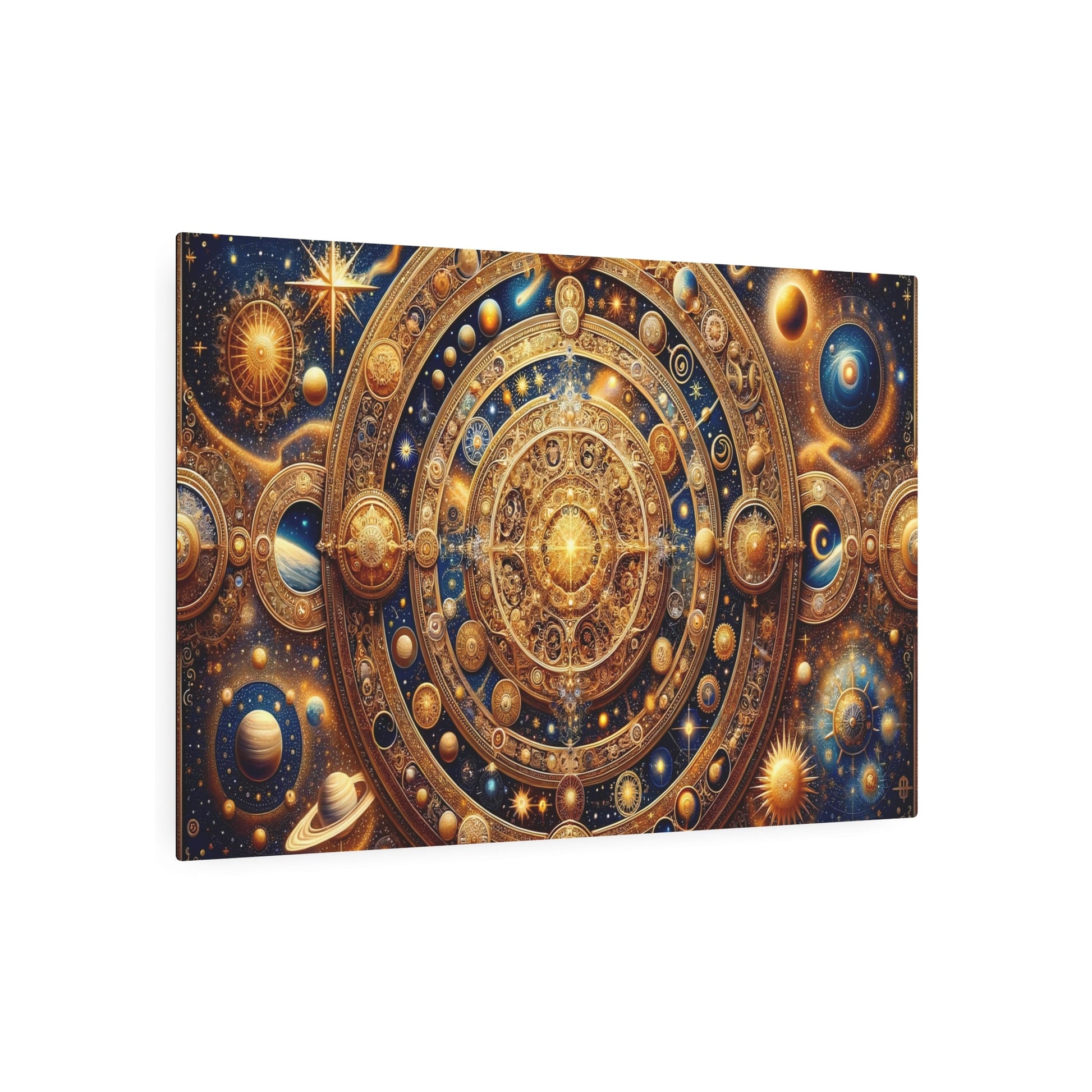 Metal Poster Art | "Byzantine Art Style Celestial Body Theme: Intricate Design of Stars, Comets, Galaxies and Planets with Gold Accents in - Metal Poster Art 36″ x 24″ (Horizontal) 0.12''