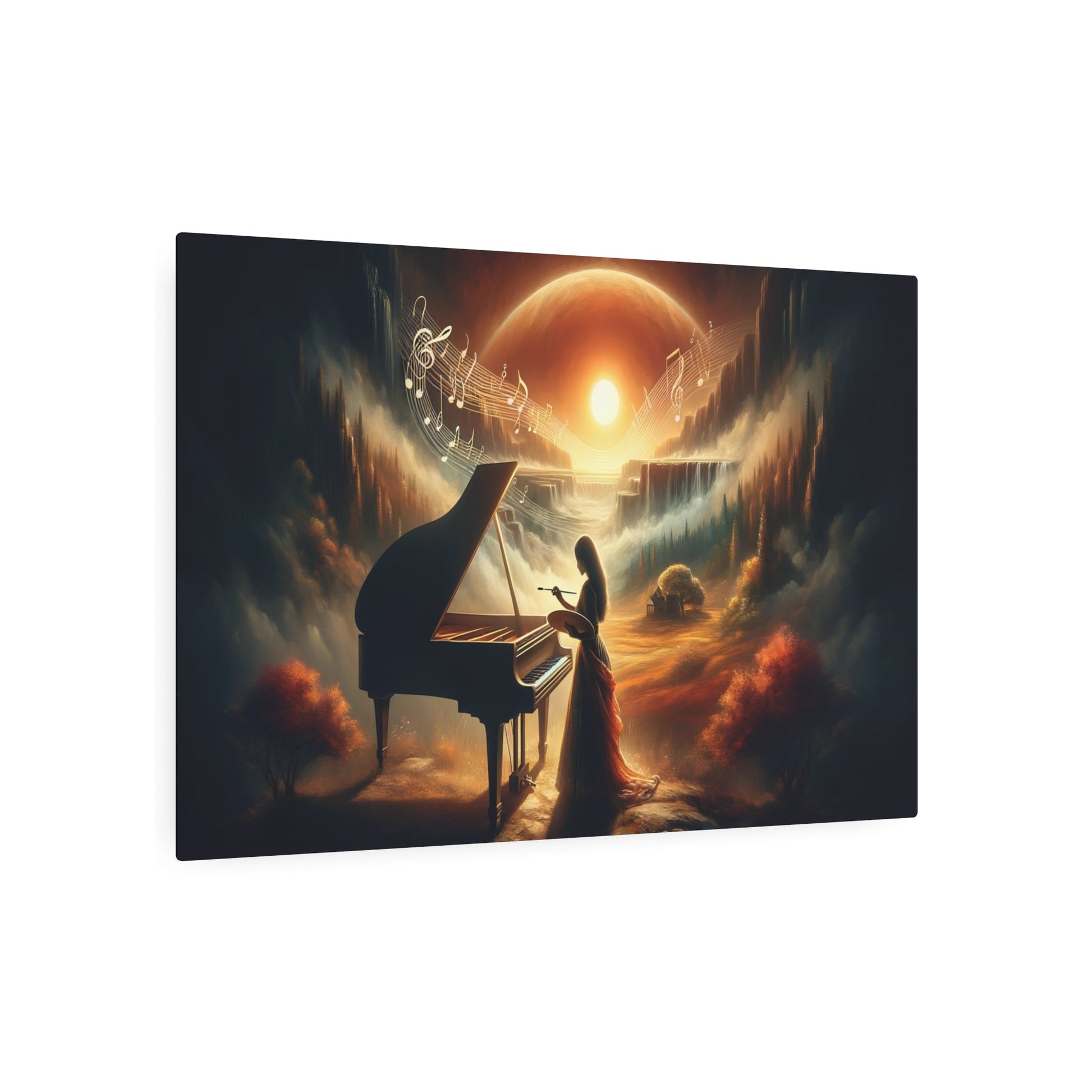 Metal Poster Art | "Romanticism Art Style - Music and Art Fusion with Grand Piano, Ethereal Melody & Female Artist in Wild Landscape - Western Art Styles Collection - Metal Poster Art 36″ x 24″ (Horizontal) 0.12''