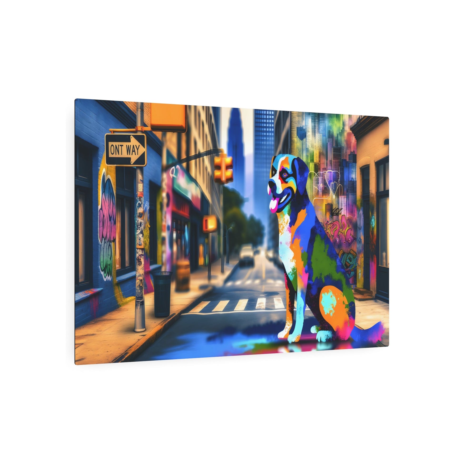 Metal Poster Art | "Modern Street Art - Vibrant Dog Centerpiece in Dynamic Cityscape, Contemporary Urban Style Wall Art" - Metal Poster Art 36″ x 24″ (Horizontal) 0.12''