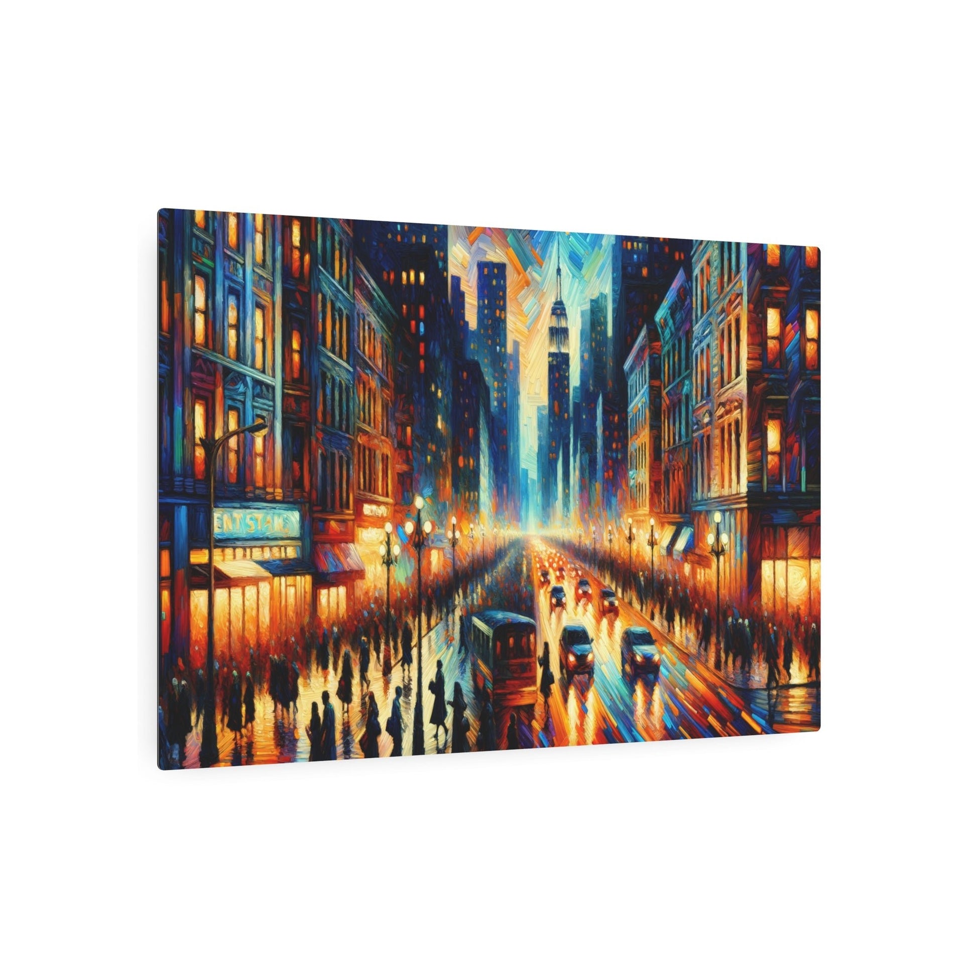 Metal Poster Art | "Expressionistic Western Art Style: Bustling Night City Street Scene - Expressionism Artwork" - Metal Poster Art 36″ x 24″ (Horizontal) 0.12''