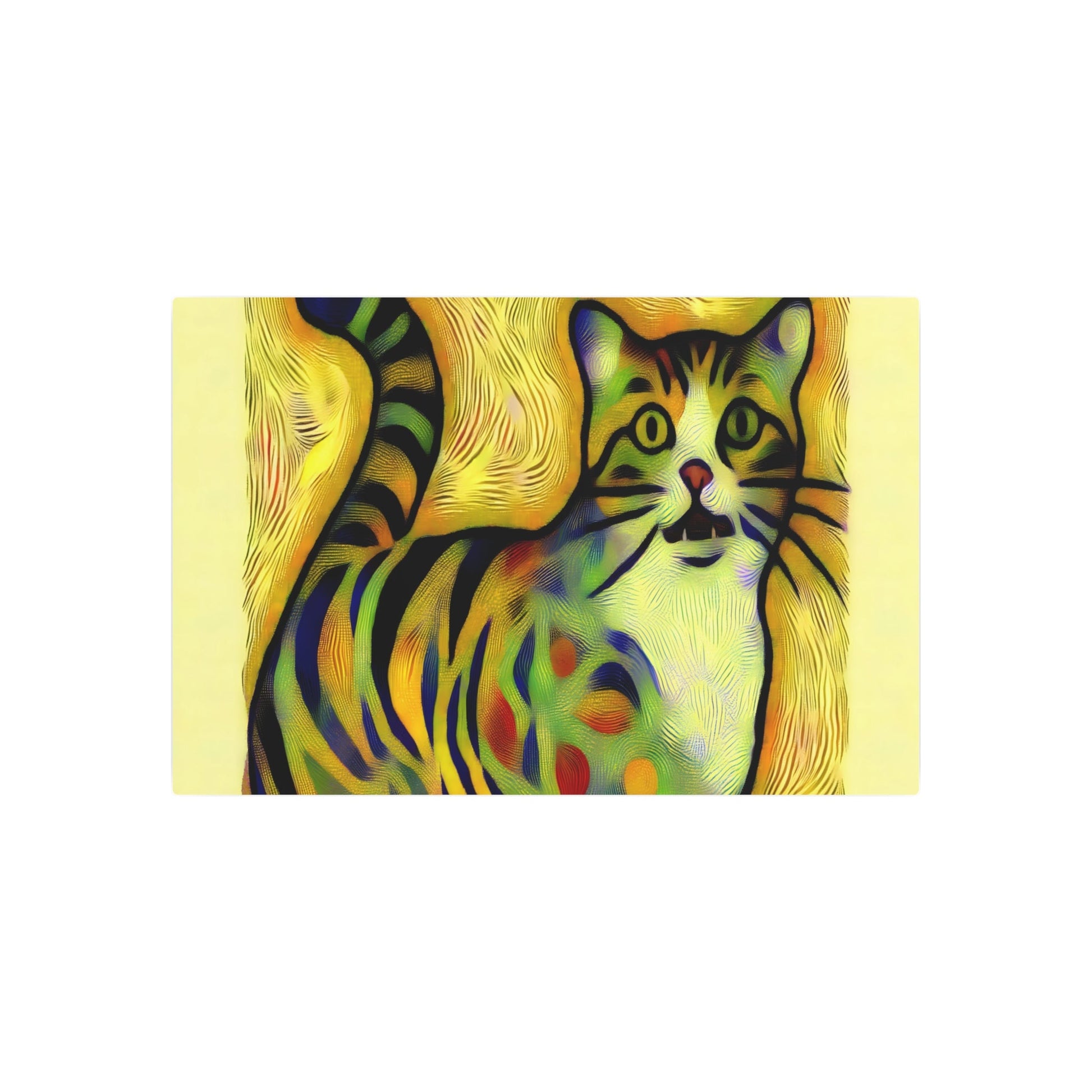 Metal Poster Art | "Modern Pop Art Style Whimsical Cat Image - Bold Lines, Vivid Colors & Patterns - Contemporary Pop Art Cat Illustration in Playful Design - Metal Poster Art 36″ x 24″ (Horizontal) 0.12''