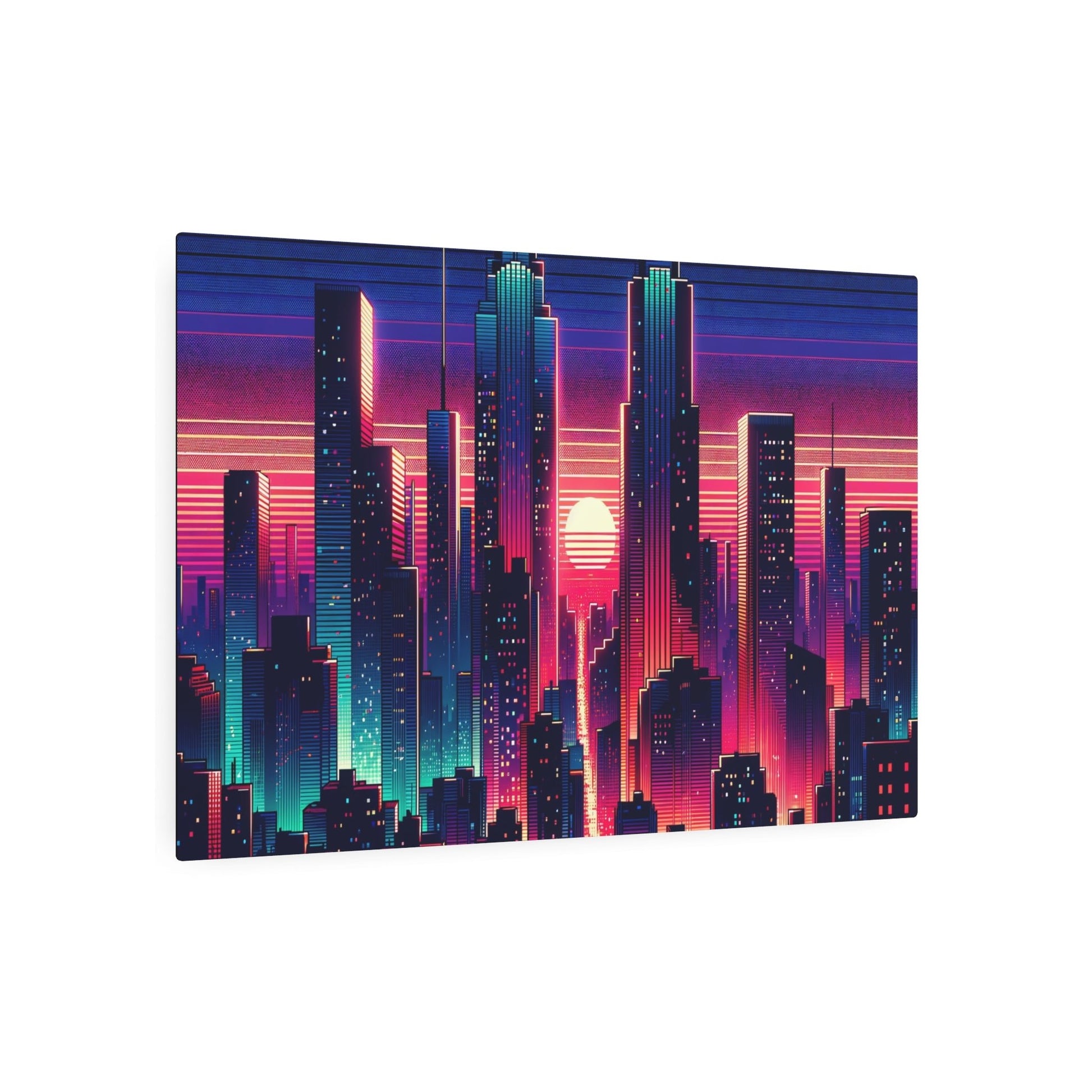 Metal Poster Art | "Digital Art - Vibrant Neon Lights in Modern Sunset Cityscape, Contemporary Style" - Metal Poster Art 36″ x 24″ (Horizontal) 0.12''