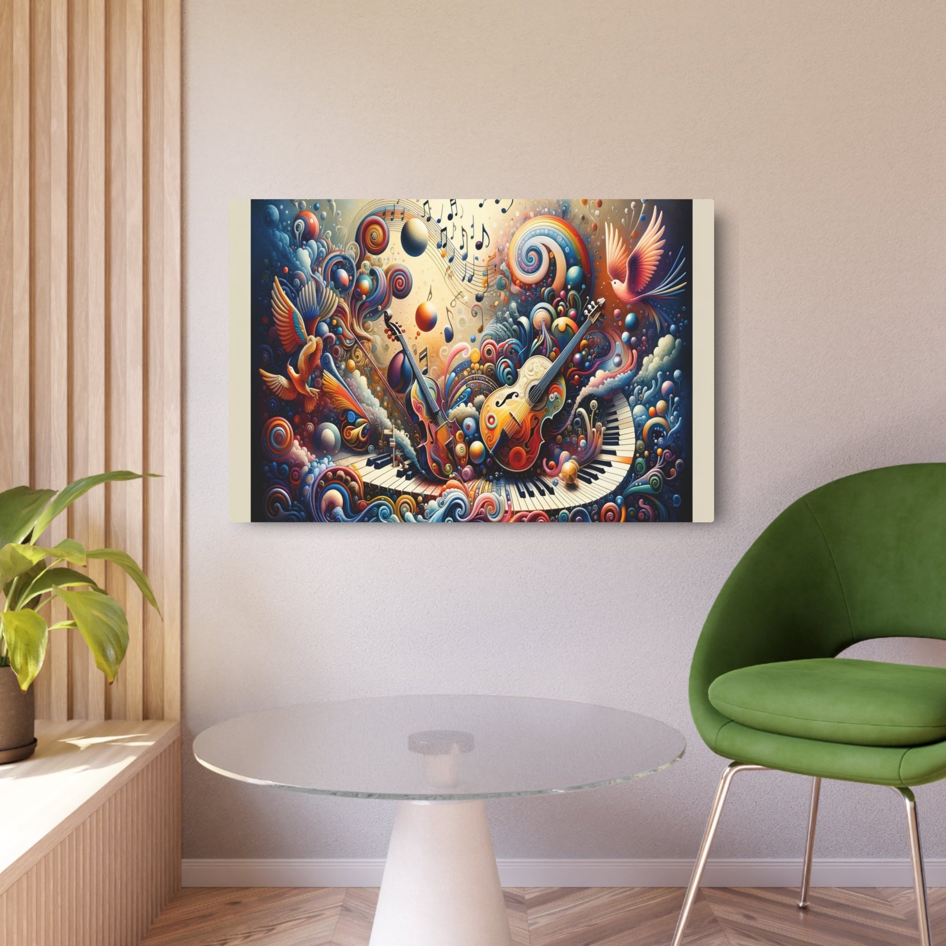 Metal Poster Art | "Harmonious Chaos: Surrealism - Inspired Music & Art Fusion - Modern Contemporary Style Vibrant Painting with Musical Notes, Eccentric Shapes - Metal Poster Art 36″ x 24″ (Horizontal) 0.12''