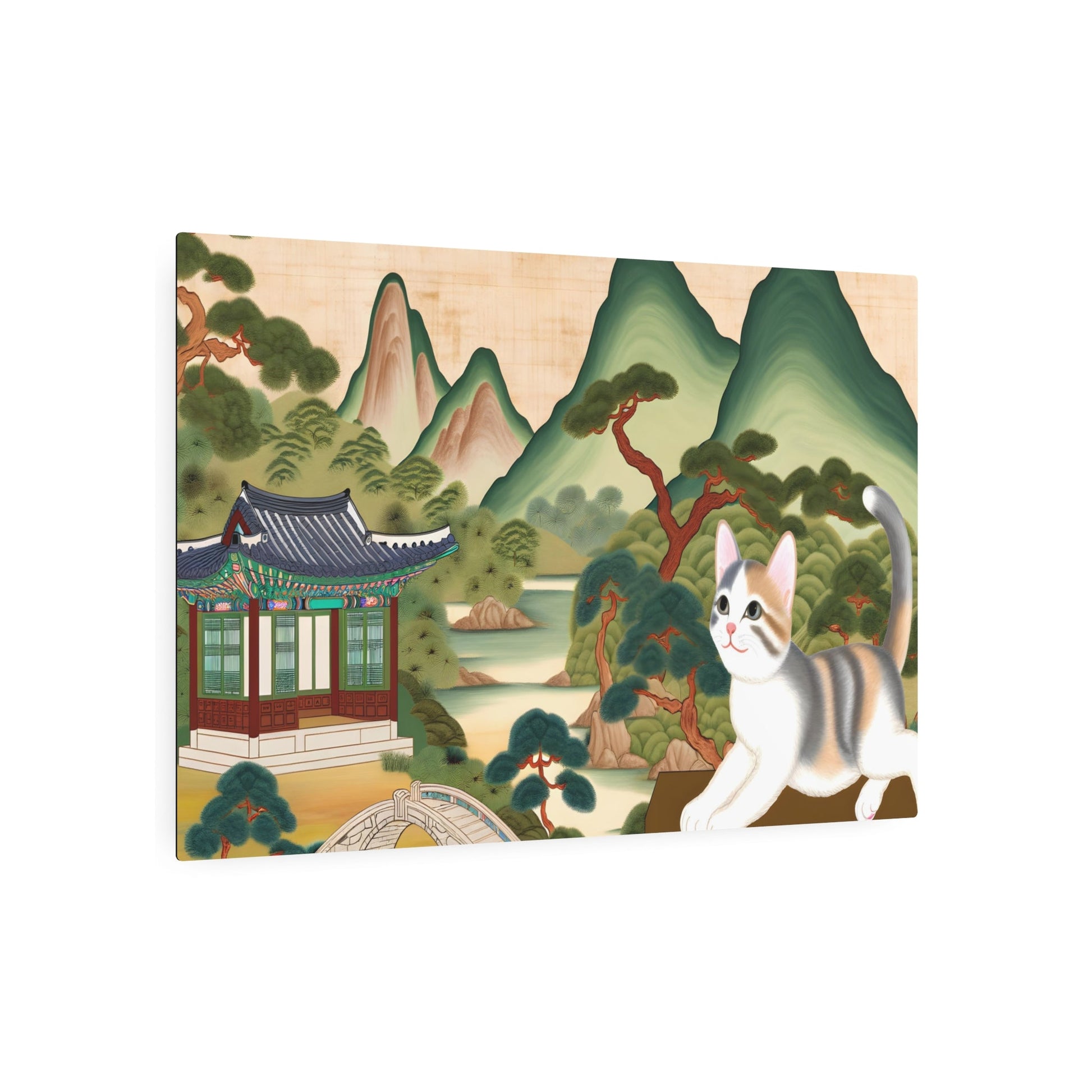 Metal Poster Art | "Playful Cat in Traditional Joseon Dynasty Scenery - Classic Korean Asian Art Style Painting" - Metal Poster Art 36″ x 24″ (Horizontal) 0.12''