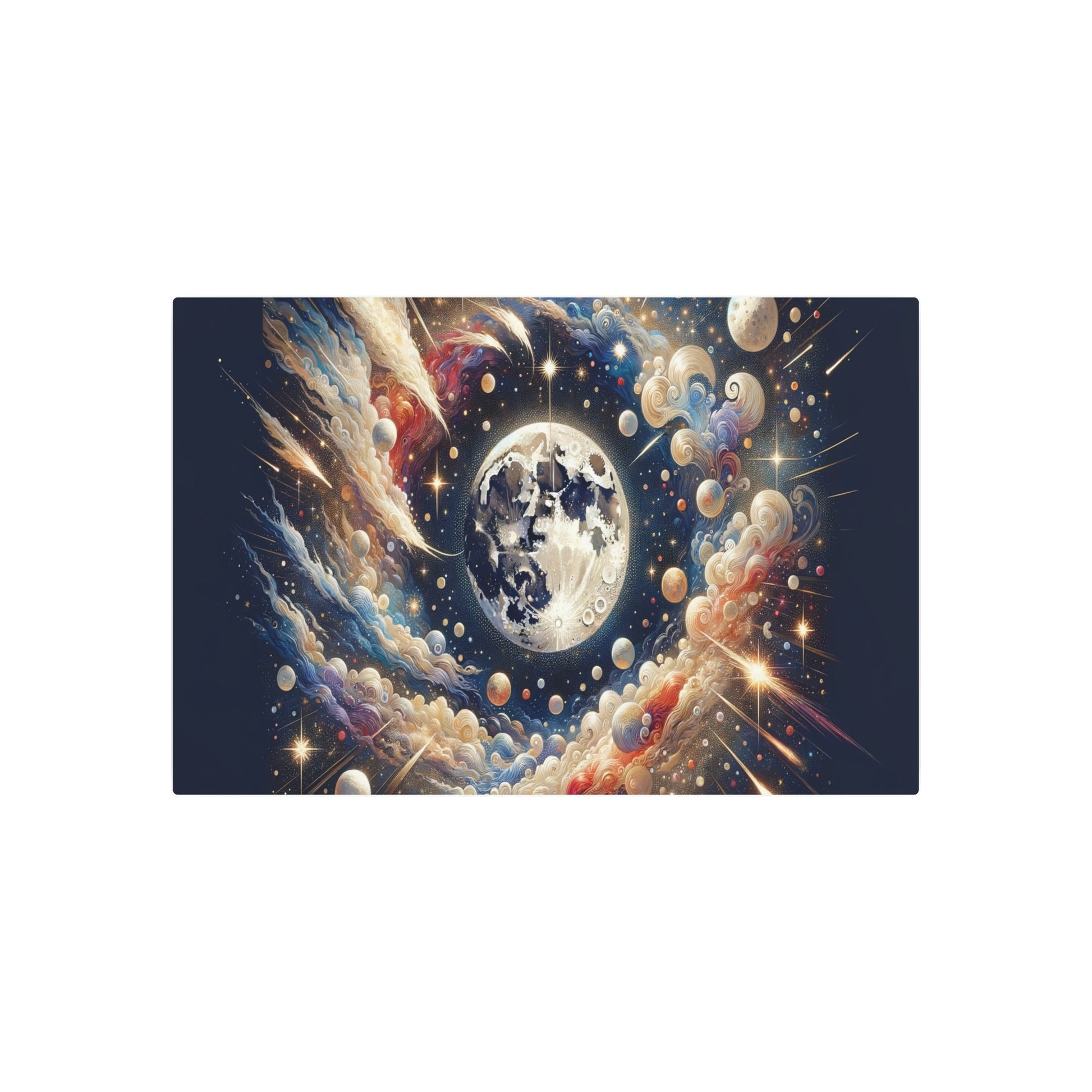 Metal Poster Art | "Chinese Silk Painting Art - Celestial Body Theme with Night Sky, Stars, Moon & Comets - Asian Art Styles Collection" - Metal Poster Art 36″ x 24″ (Horizontal) 0.12''