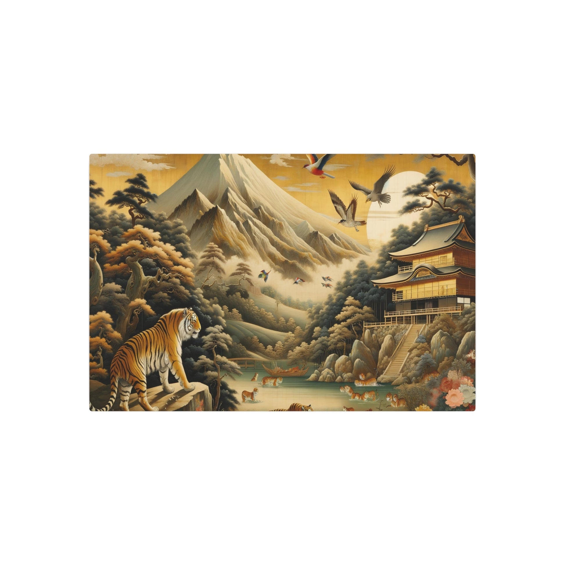 Metal Poster Art | "Kano School - Inspired Large - Scale Artwork with Bold Brush Strokes and Gold Leaf - Dalle - 3 Japanese Style Nature Depictions - Metal Poster Art 36″ x 24″ (Horizontal) 0.12''