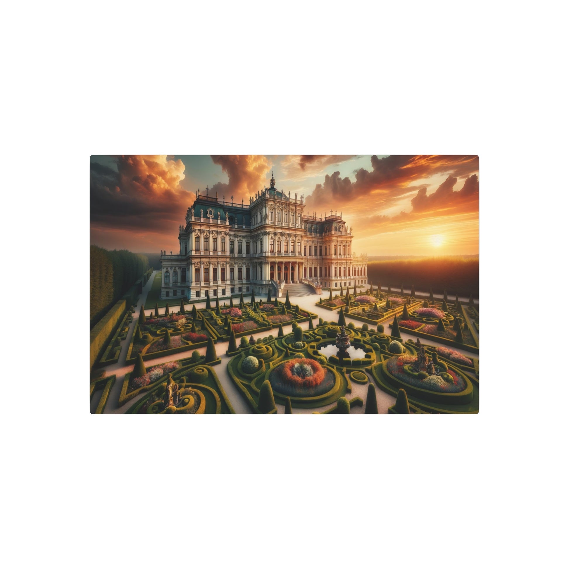 Metal Poster Art | "Baroque - Style Palace at Sunset - Western Art Styles, Grand Architectural Details and Lush Ornamental Gardens in Baroque Art" - Metal Poster Art 36″ x 24″ (Horizontal) 0.12''