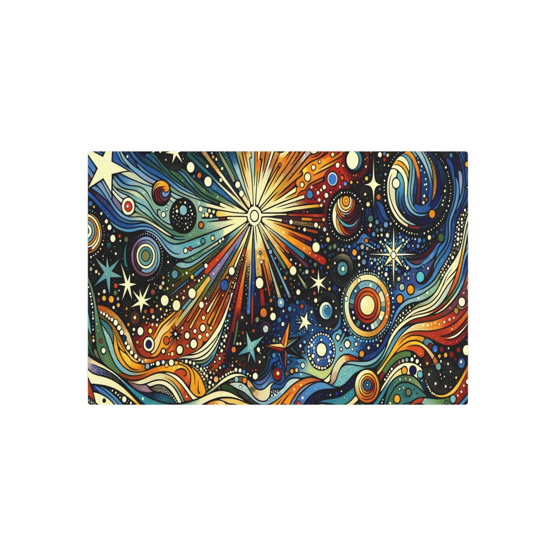 Metal Poster Art | "Modern Pop Art Style Celestial Scene Canvas - Bold Contrasting Colors with Comic Strip Techniques, Stars, Planets, and Galaxies Wall Art" - Metal Poster Art 36″ x 24″ (Horizontal) 0.12''