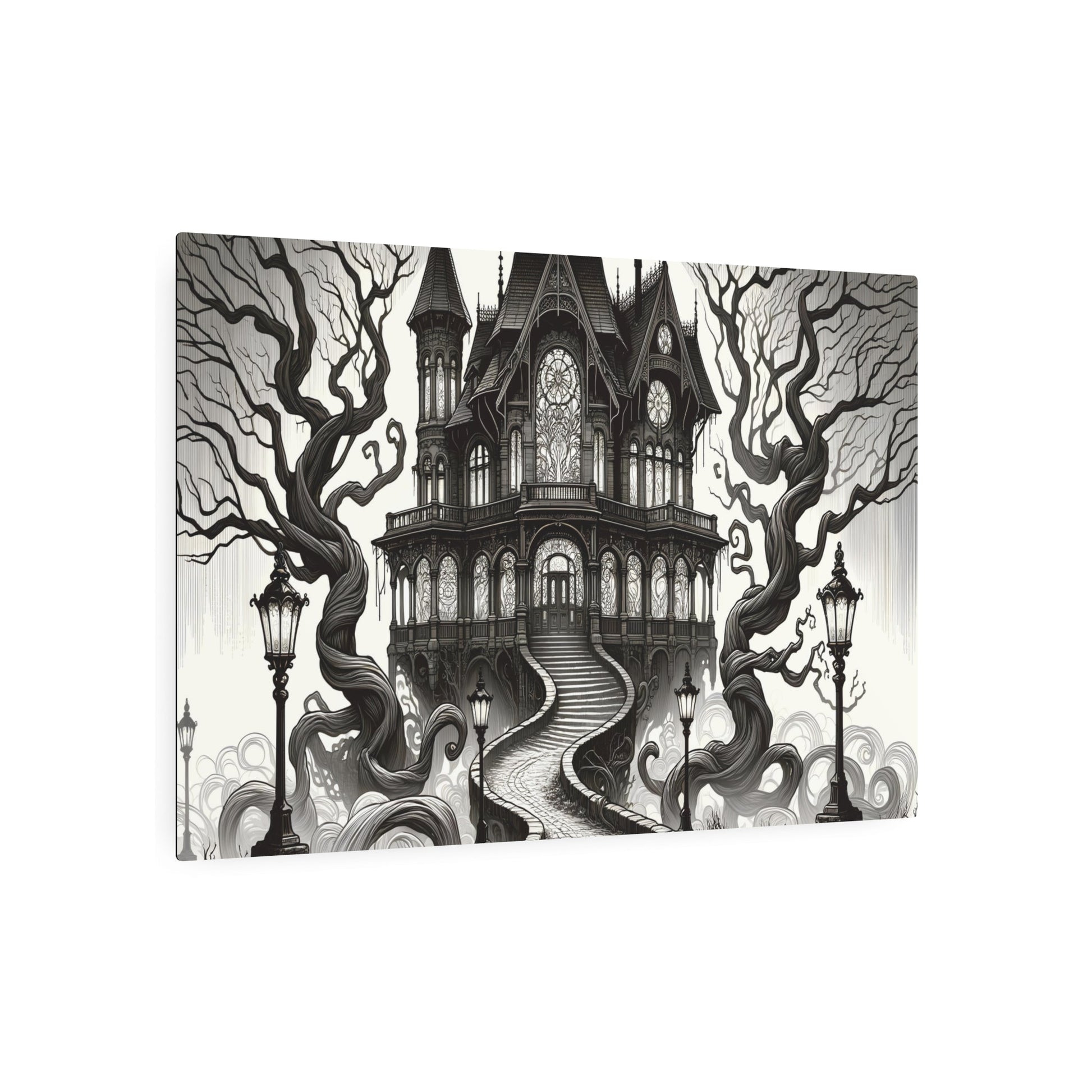 Metal Poster Art | "Art Nouveau Western Style: Spooky Haunted Mansion Scene - Ghostly Artistic Illustration" - Metal Poster Art 36″ x 24″ (Horizontal) 0.12''