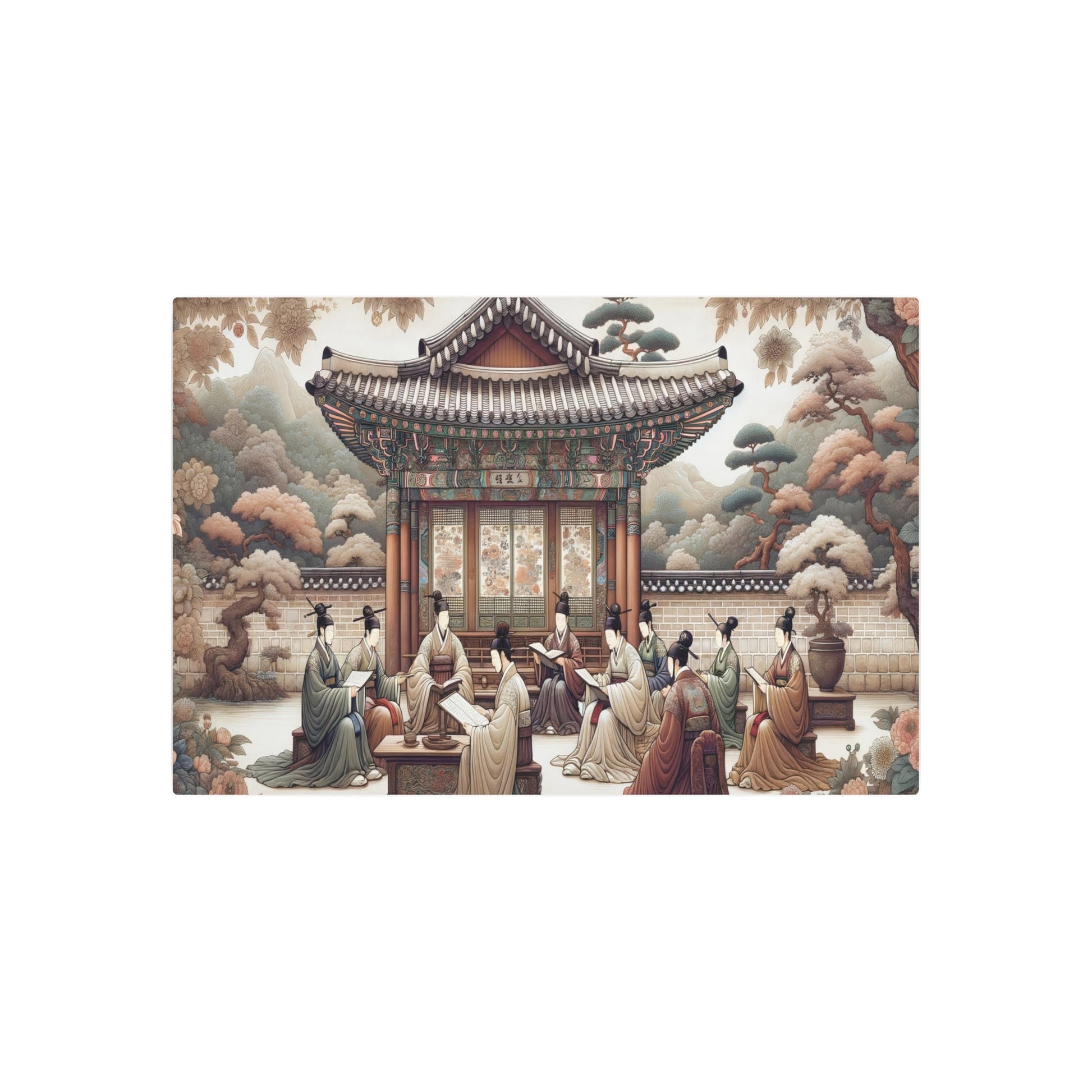 Metal Poster Art | "Joseon Dynasty Inspired Artwork: Korean Scholars, Traditional Architecture and Floral Motifs in Lush Landscapes - Asian Art Styles Collection" - Metal Poster Art 36″ x 24″ (Horizontal) 0.12''