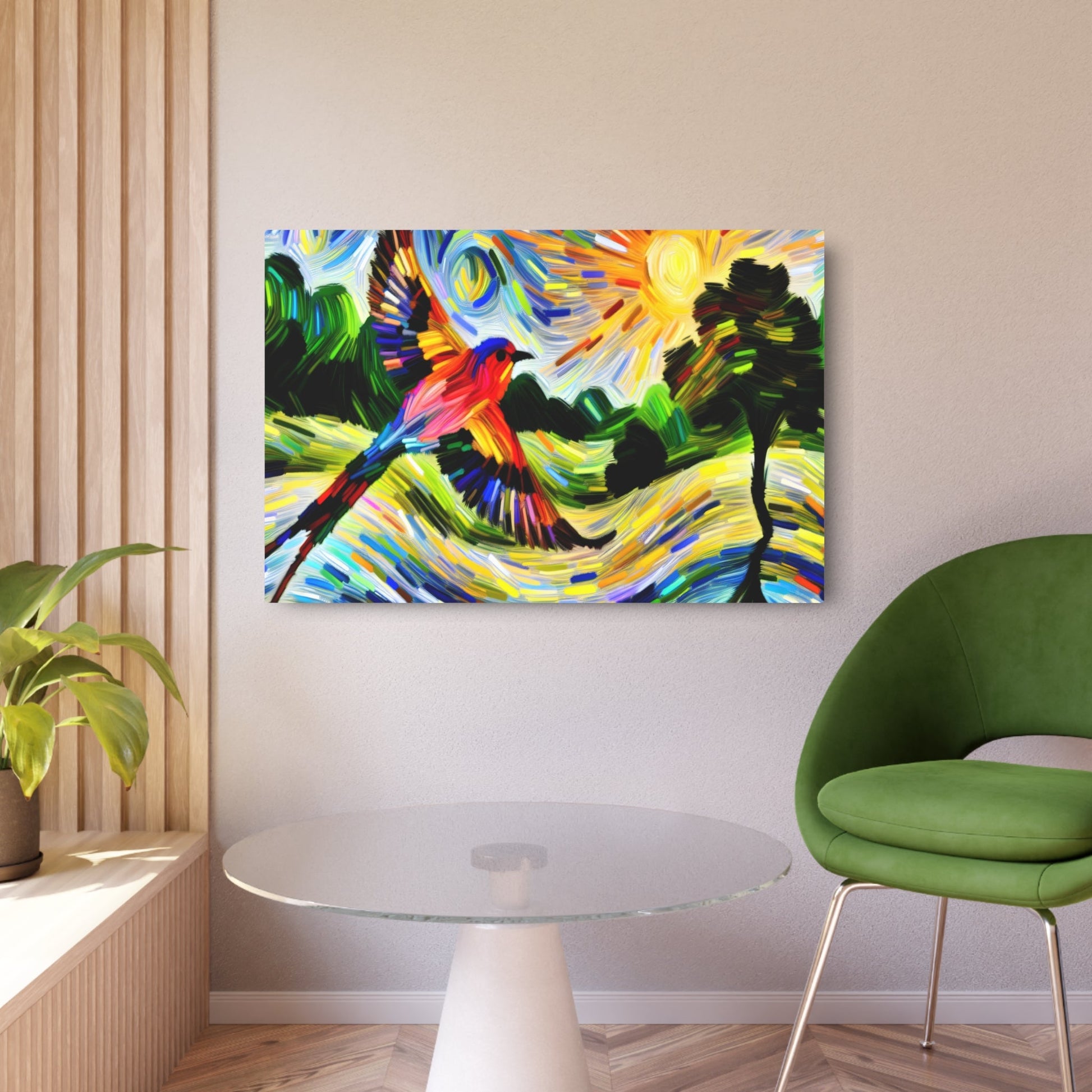Metal Poster Art | "Impressionist Style Western Art - Vibrant Bird Flying Over Colorful Landscape, Detailed Featherwork and Lively Nature Elements" - Metal Poster Art 36″ x 24″ (Horizontal) 0.12''
