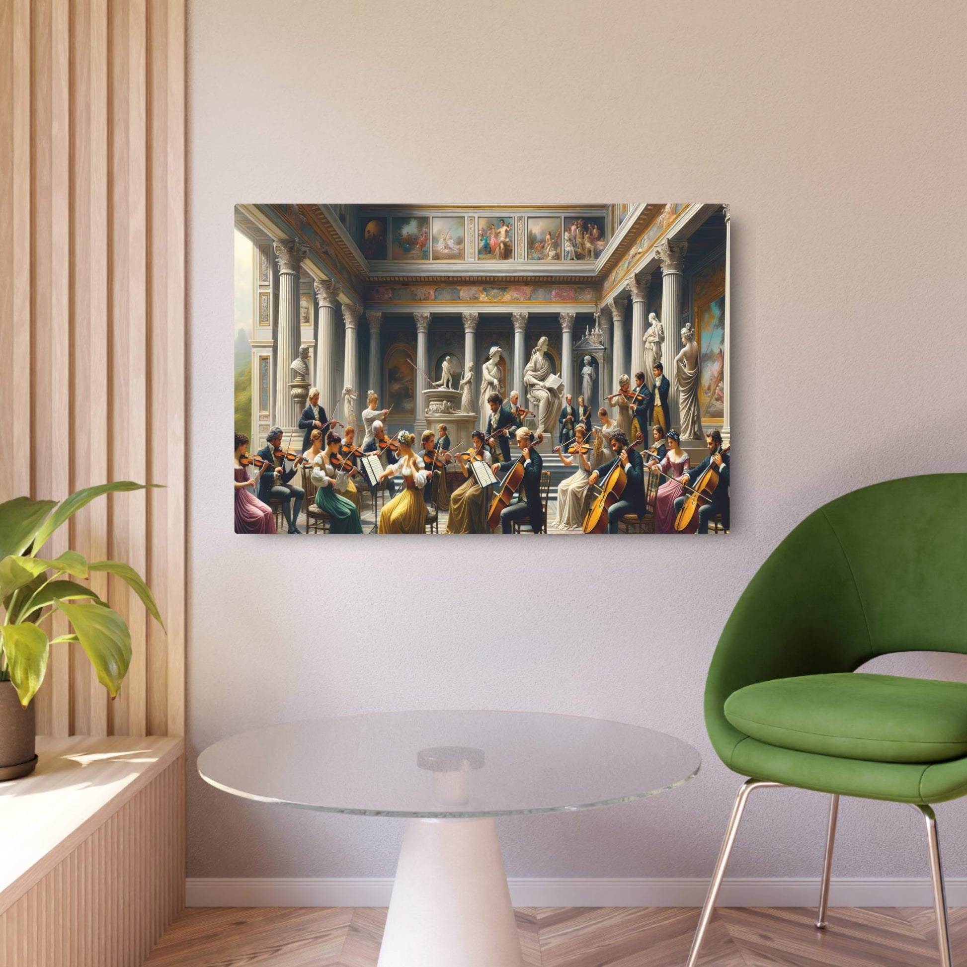 Metal Poster Art | "Neoclassical Art Print - Fusion of Music and Art Featuring Musicians, Violins, Cellos in Grand Grecian Rooms | Western - Metal Poster Art 36″ x 24″ (Horizontal) 0.12''