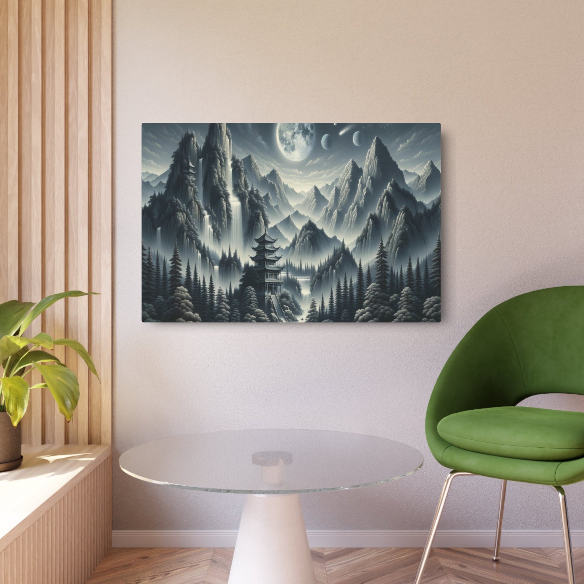 Metal Poster Art | "Traditional Chinese Landscape Painting with Vivid Celestial Bodies - Featuring High Mountains, Waterfalls, Pagodas, and Pine Trees in a Clear Night - Metal Poster Art 36″ x 24″ (Horizontal) 0.12''