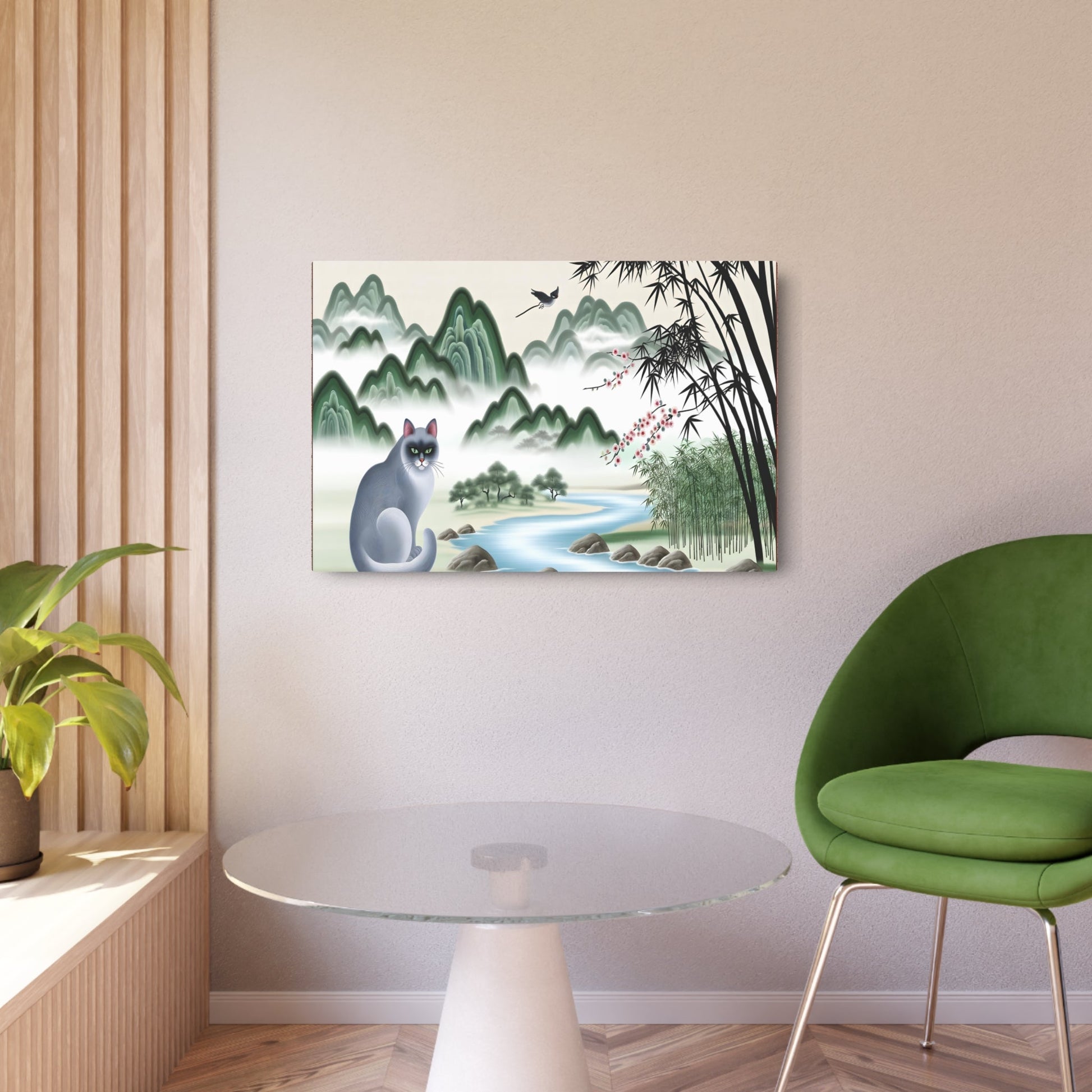 Metal Poster Art | "Traditional Chinese Landscape Artwork with Graceful Cat, Misty Mountains, Flowing River and Cherry Blossoms - Serene Asian Art Styles in the - Metal Poster Art 36″ x 24″ (Horizontal) 0.12''