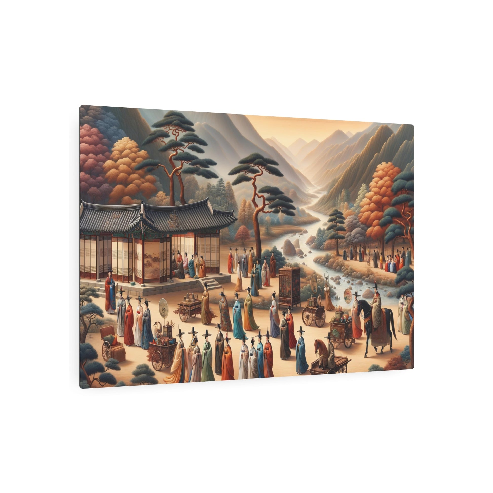 Metal Poster Art | "Joseon Dynasty - Inspired Traditional Korean Landscape Painting with Cultural Elements - Asian Art Styles, Subcategory: Joseon Dynasty Paintings (Korean - Metal Poster Art 36″ x 24″ (Horizontal) 0.12''