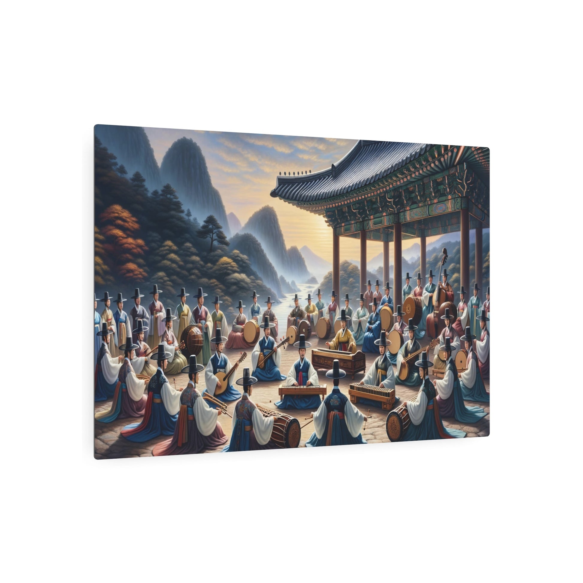 Metal Poster Art | "Traditional Korean Music Performance Art Piece - Joseon Dynasty Style Painting Featuring Gayageum, Geomungo, and Piri Instruments with Authentic Han - Metal Poster Art 36″ x 24″ (Horizontal) 0.12''