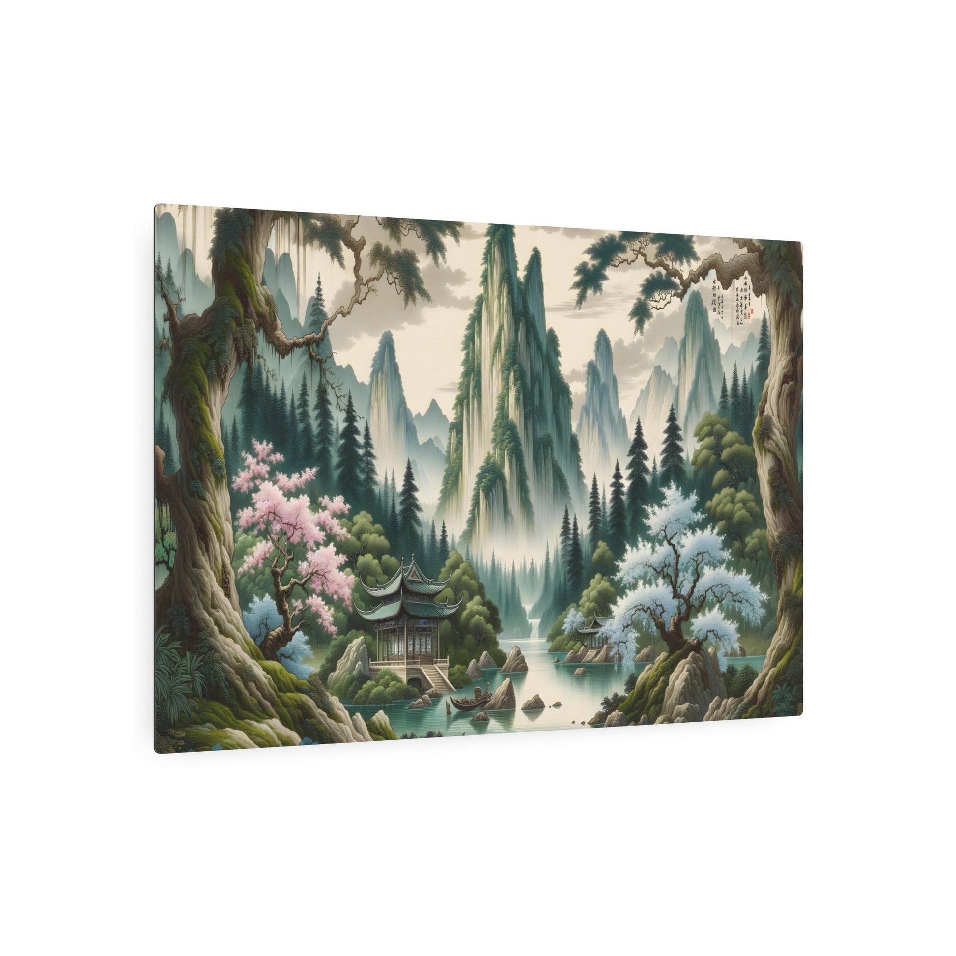 Metal Poster Art | "Traditional Chinese Silk Painting Art - Ethereal Mountains, Serene Waters, Cherry Blossoms and Ancient Pavilion in Lush Greenery - Asian Art Styles - Metal Poster Art 36″ x 24″ (Horizontal) 0.12''