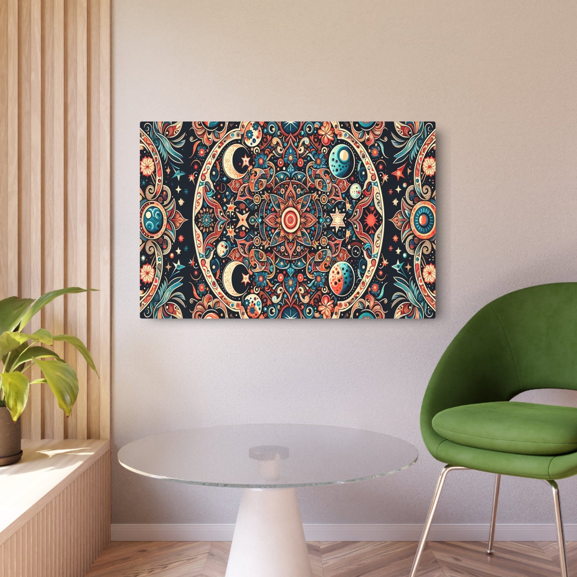 Metal Poster Art | "Indonesian Batik Art Print - Vibrant, Intricate Celestial Body - Themed Design in Traditional Patterns - Stars, Moons, Plan - Metal Poster Art 36″ x 24″ (Horizontal) 0.12''