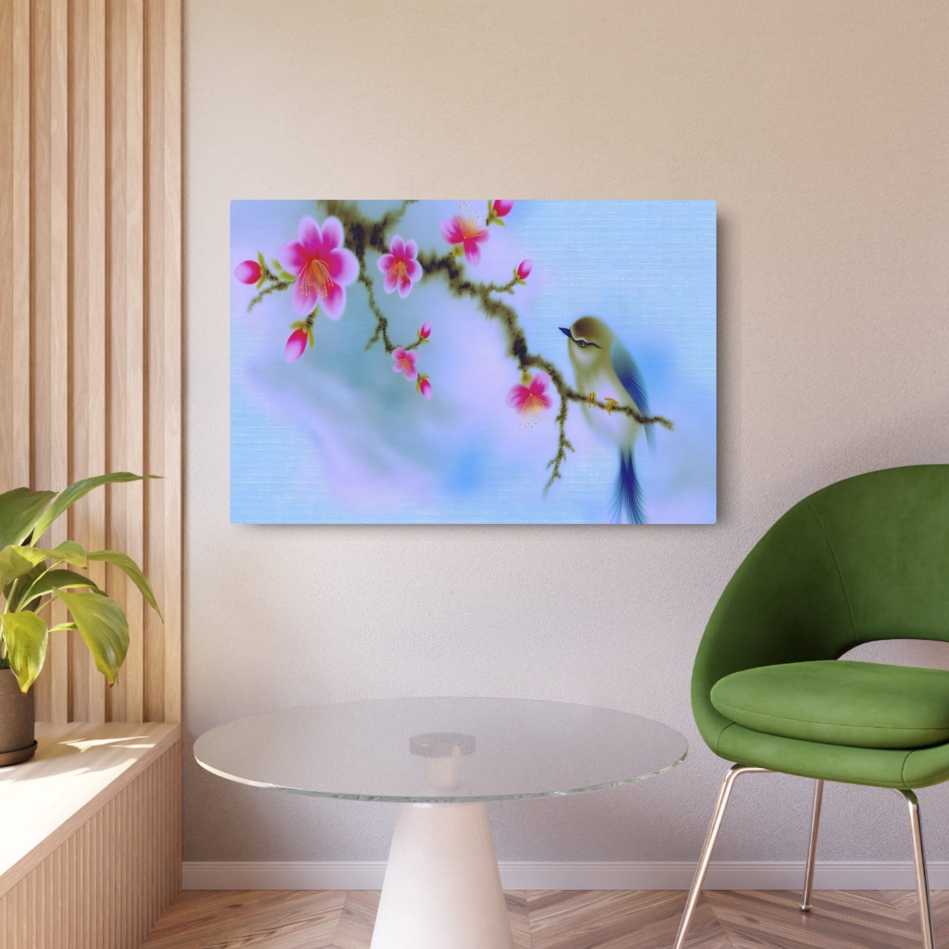 Metal Poster Art | "Delicate Bird on Cherry Blossom Branch Chinese Silk Painting - Elegant Asian Art Styles Masterpiece" - Metal Poster Art 36″ x 24″ (Horizontal) 0.12''