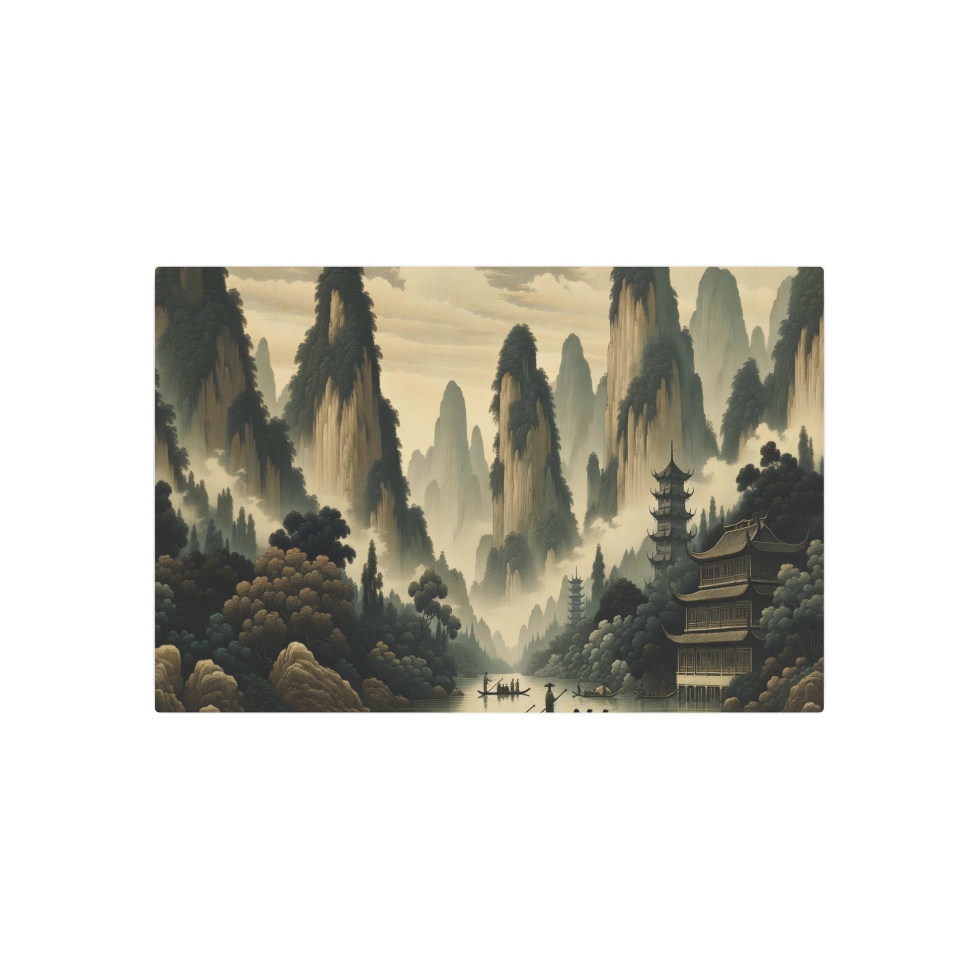 Metal Poster Art | "Traditional Chinese Landscape Artwork with Misty Mountains, Serene River, and Classical Pagodas in Subtle Tones - Asian Art Styles, - Metal Poster Art 36″ x 24″ (Horizontal) 0.12''