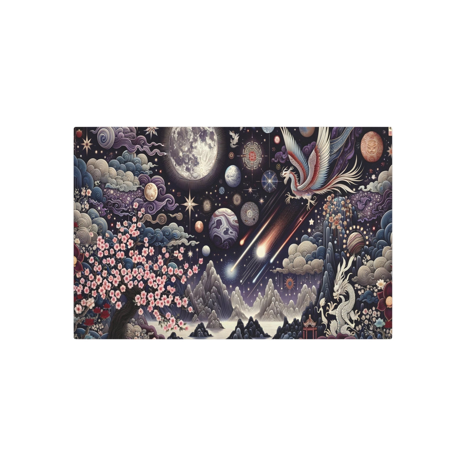 Metal Poster Art | "Chinese Silk Painting Art - Celestial Theme with Heavenly Bodies and Traditional Chinese Elements in Vibrant Colors, Part of the Asian Art Styles Collection" - Metal Poster Art 36″ x 24″ (Horizontal) 0.12''