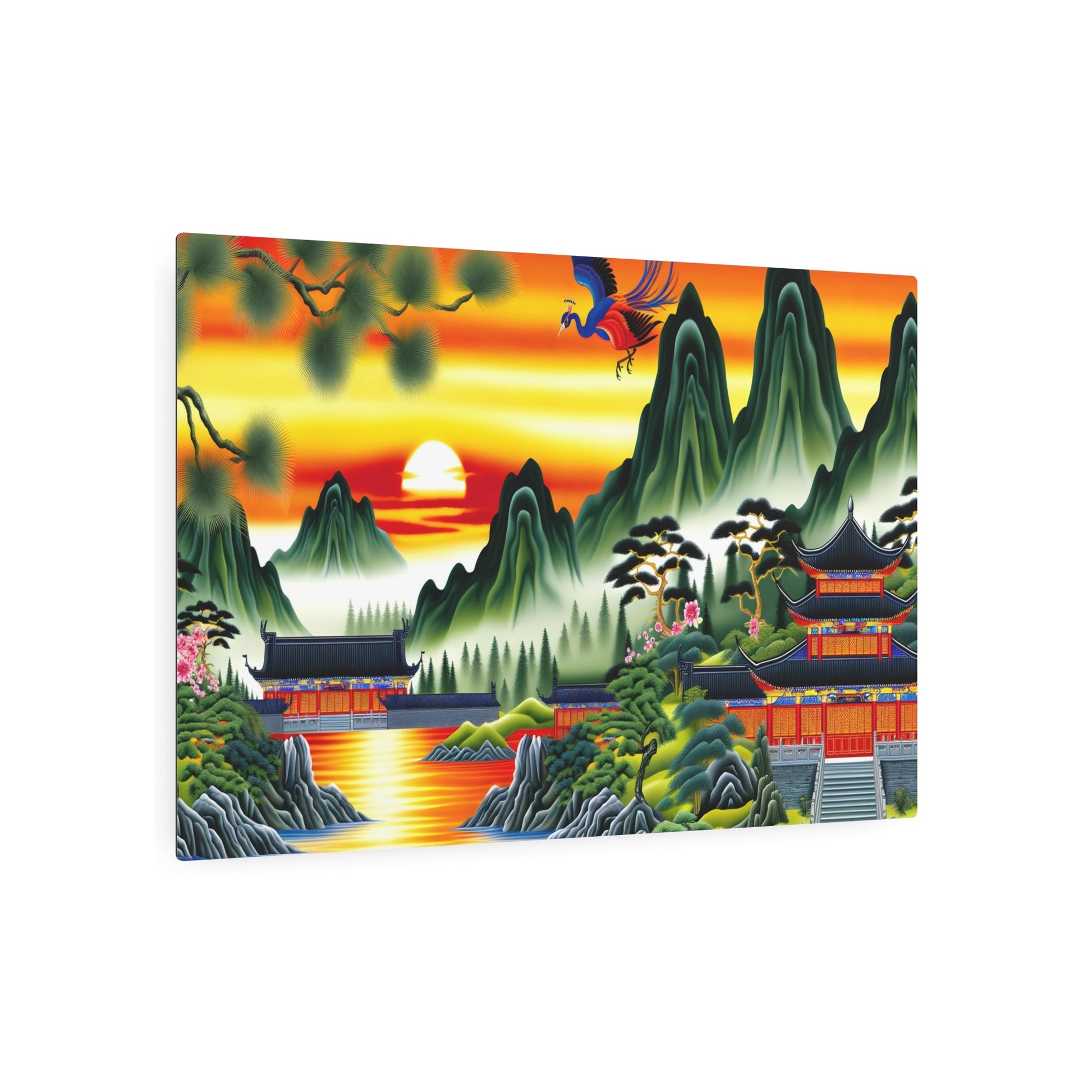 Metal Poster Art | "Traditional Chinese Landscape Art - Majestic Mountains, Serene Waters and Exotic Bird in Vibrant Sunset - Asian Art Styles, Chinese Landscape Sub-category - Metal Poster Art 36″ x 24″ (Horizontal) 0.12''