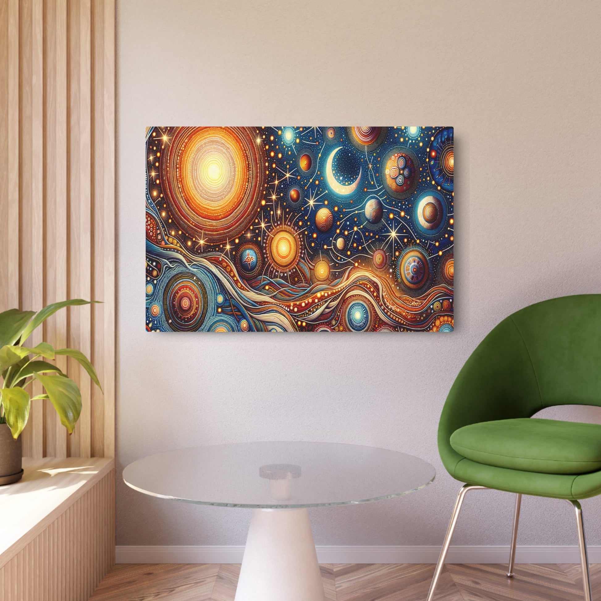 Metal Poster Art | "Australian Aboriginal Art - Celestial Theme with Traditional Patterns and Warm Hues in Non - Western & Global Styles" - Metal Poster Art 36″ x 24″ (Horizontal) 0.12''