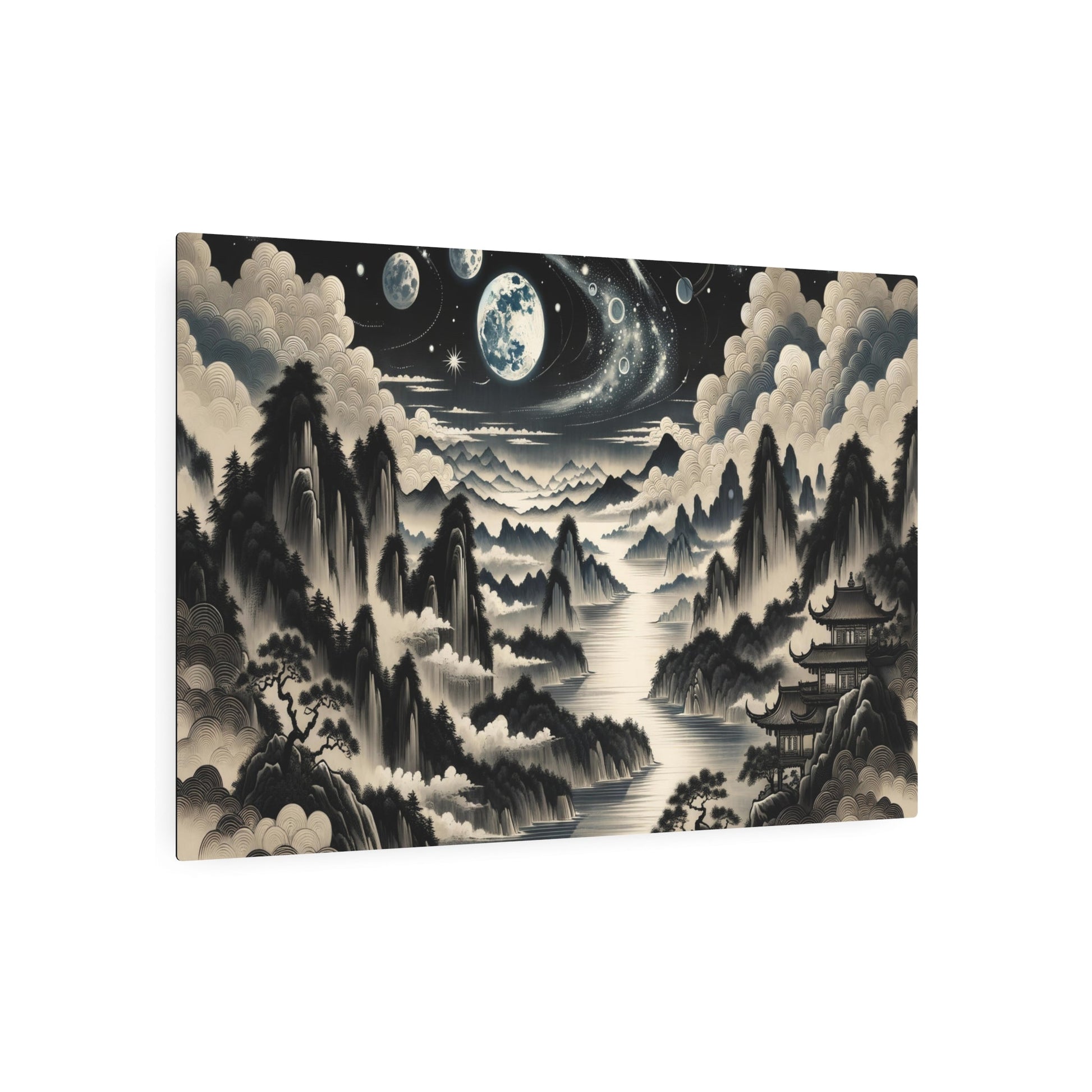 Metal Poster Art | "Traditional Chinese Brush Painting of Celestial Landscape in Asian Art Styles - Featuring Moon, Stars, & Planets" - Metal Poster Art 36″ x 24″ (Horizontal) 0.12''