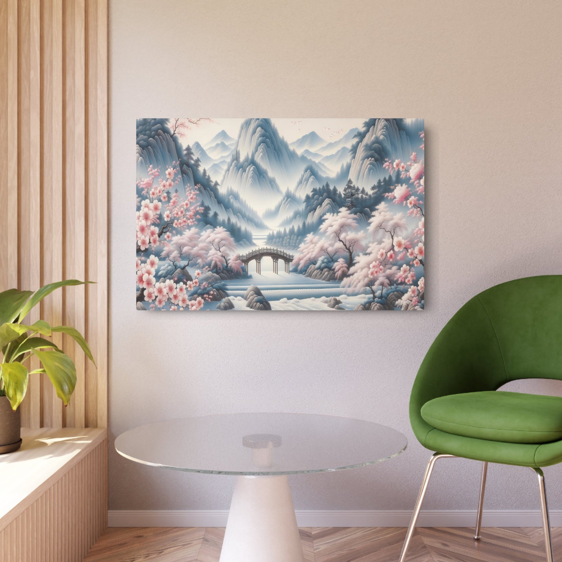 Metal Poster Art | "Traditional Chinese Silk Painting of Cherry Blossom Trees and Mountain Range - Asian Art Styles, Calming & Tranquil Chinese Silk Painting" - Metal Poster Art 36″ x 24″ (Horizontal) 0.12''