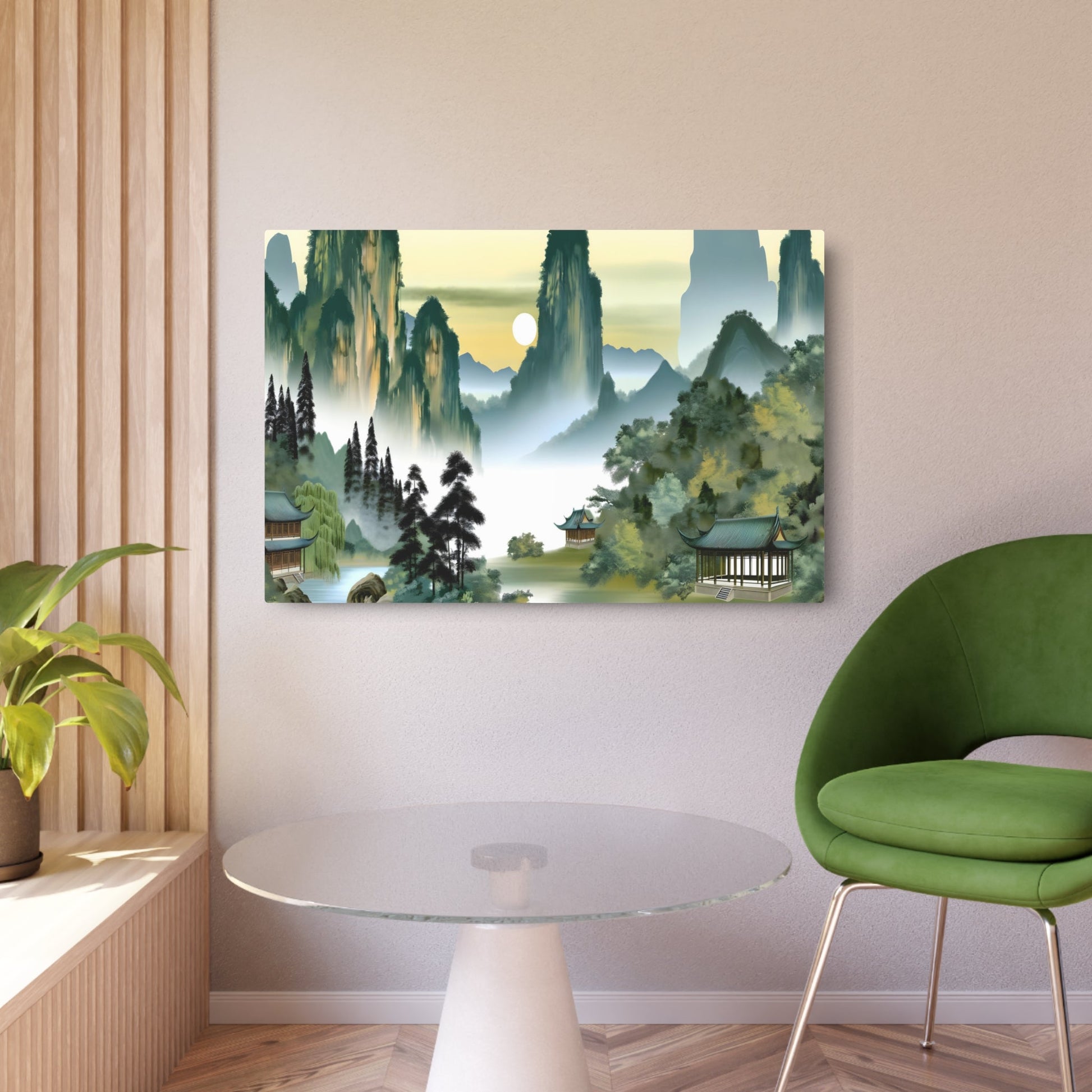 Metal Poster Art | "Traditional Chinese Landscape Artwork - Misty Mountain, Serene River & Ancient Pavilion Sunset Scene - Asian Art Styles, Chinese Landscape Sub-category" - Metal Poster Art 36″ x 24″ (Horizontal) 0.12''