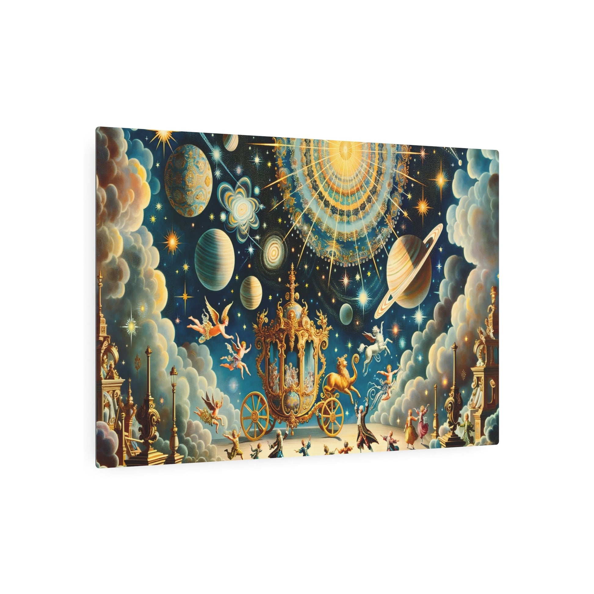 Metal Poster Art | "Rococo Period - Inspired Celestial Scene Painting - Western Art Style featuring Planets, Stars, Galaxies and Cherubs in Rich Blue - Metal Poster Art 36″ x 24″ (Horizontal) 0.12''