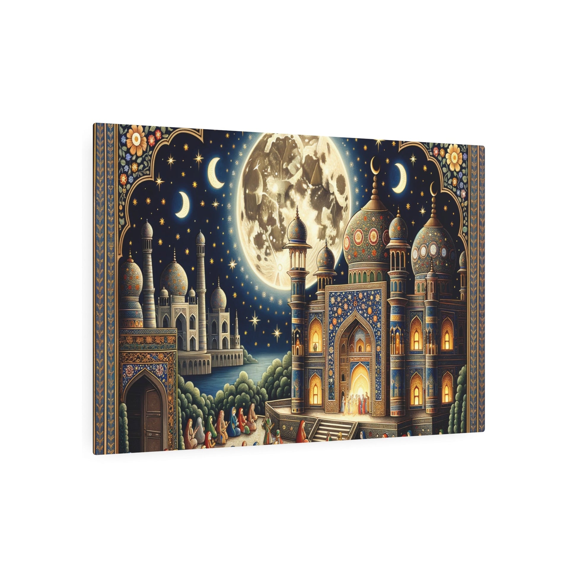 Metal Poster Art | "Mughal Miniature Art Inspired by Celestial Body Theme: A Full Moon Starry Night Sky, Royal Mughal Festivities in Golden - D - Metal Poster Art 36″ x 24″ (Horizontal) 0.12''