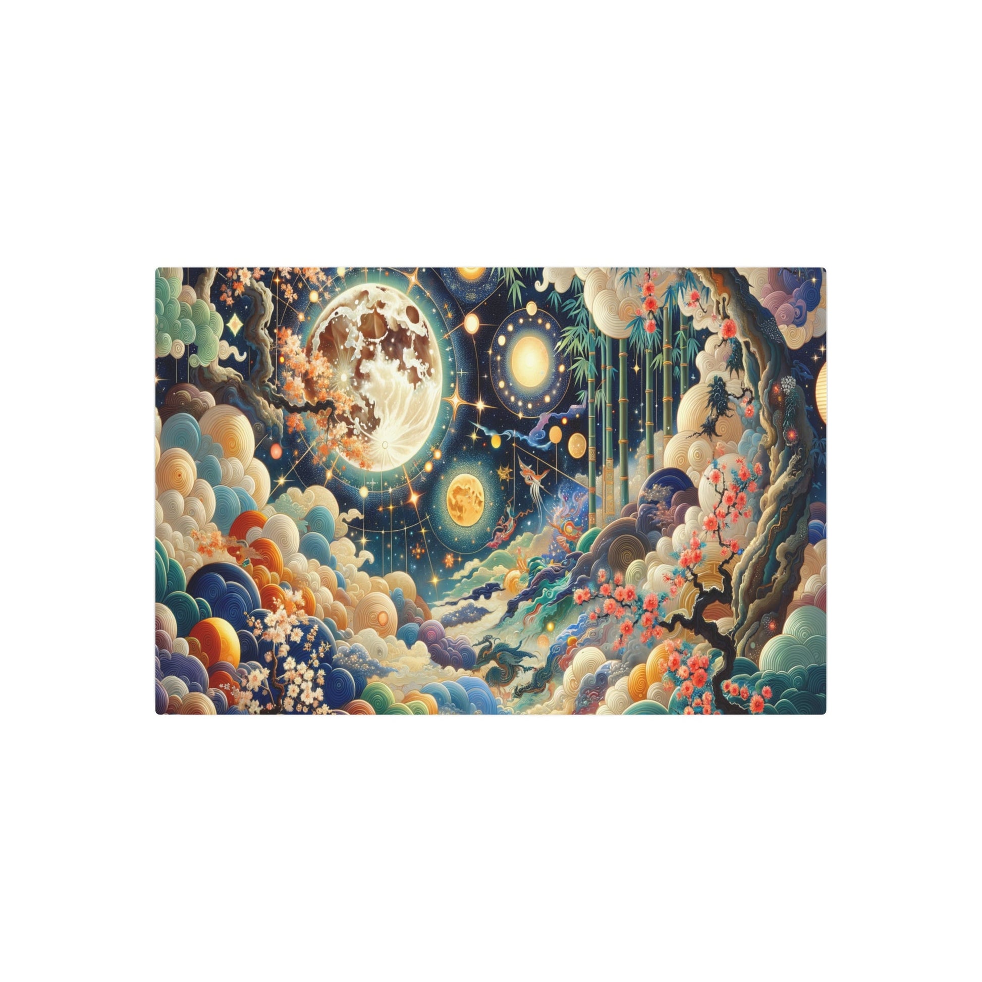 Metal Poster Art | "Vibrant Chinese Silk Painting of Celestial Bodies & Traditional Elements - Bright Moons, Stars, Constellations in Asian Art Styles Category" - Metal Poster Art 36″ x 24″ (Horizontal) 0.12''