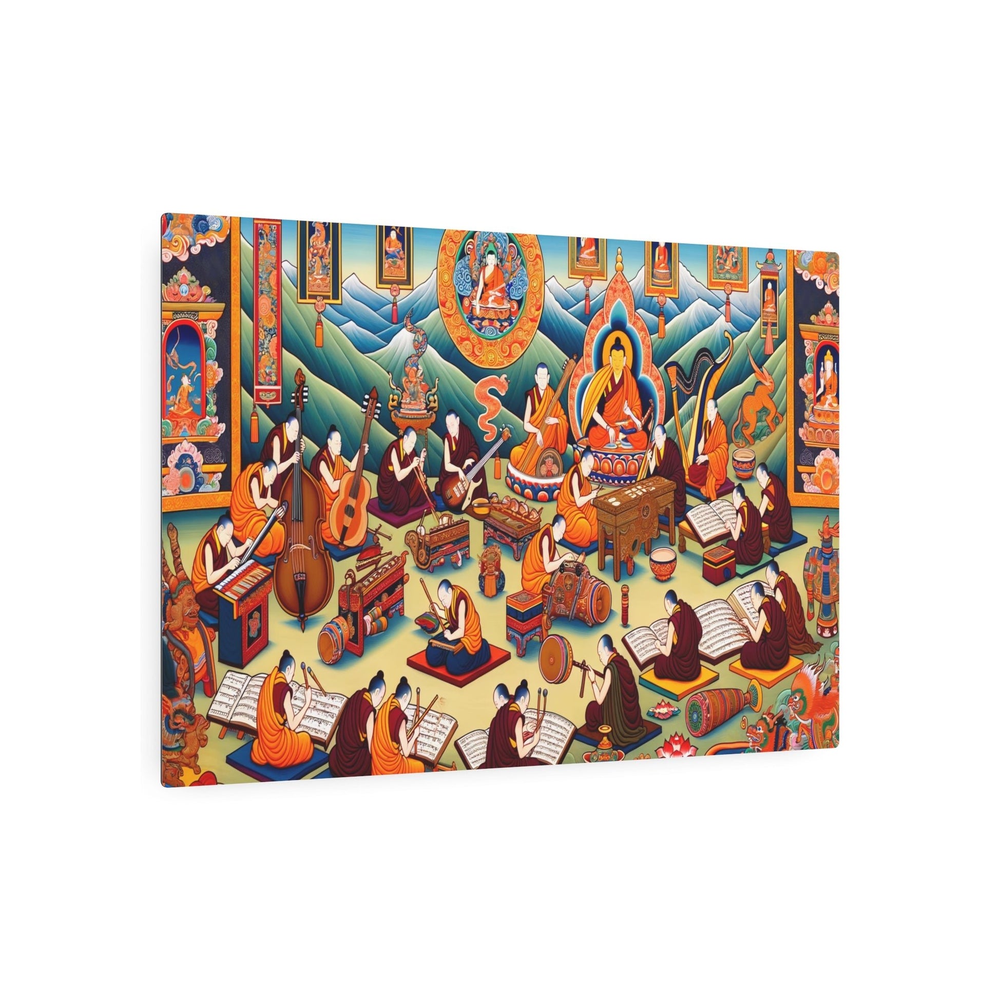 Metal Poster Art | "Thangka - Style Tibetan Painting: Music and Art Theme - Asian Art Styles Collection" - Metal Poster Art 36″ x 24″ (Horizontal) 0.12''