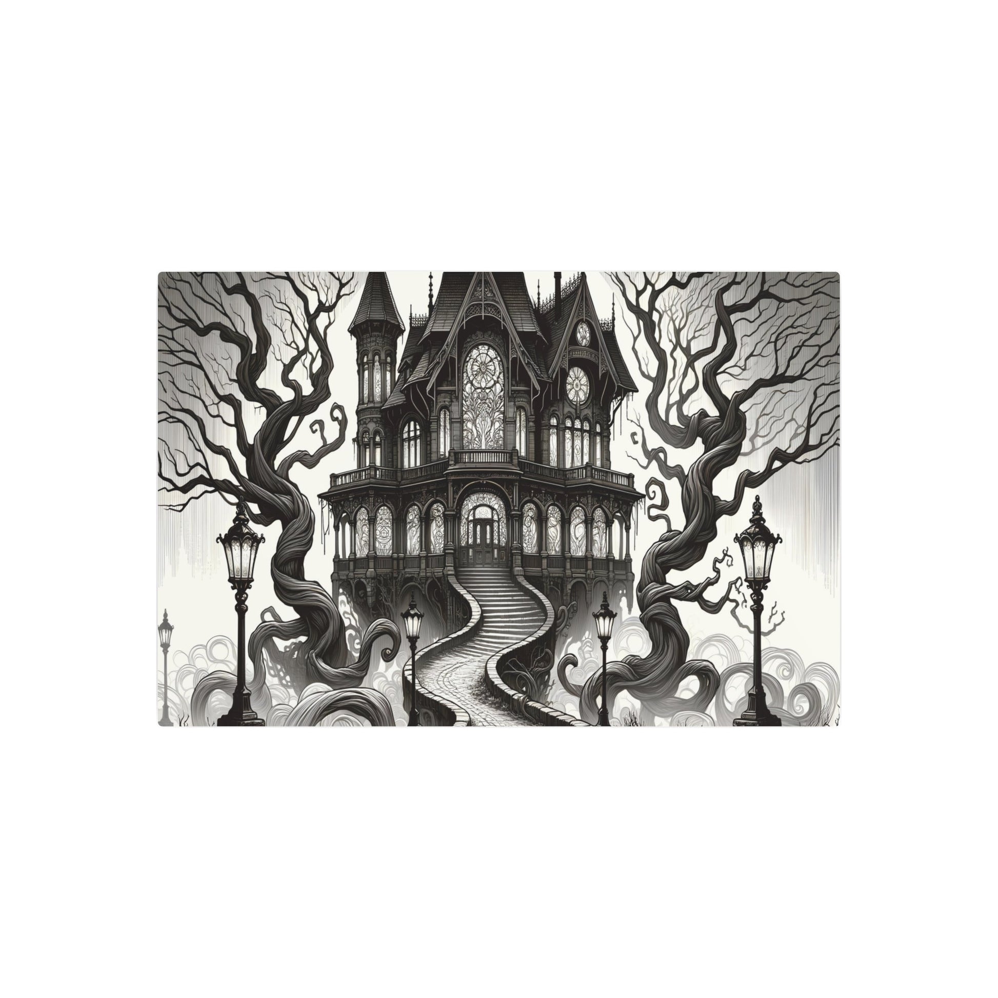 Metal Poster Art | "Art Nouveau Western Style: Spooky Haunted Mansion Scene - Ghostly Artistic Illustration" - Metal Poster Art 36″ x 24″ (Horizontal) 0.12''