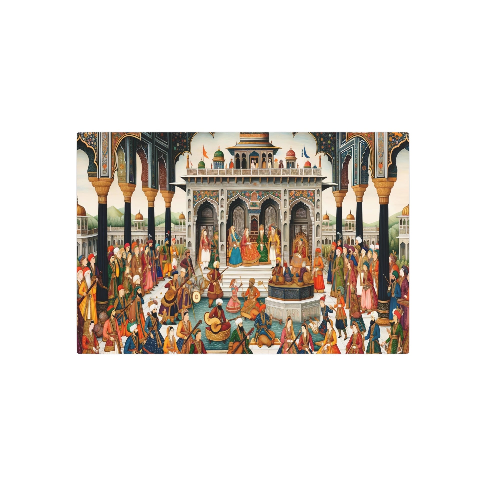 Metal Poster Art | "Mughal Era Royal Court Scene Artwork: Handcrafted South Asian Mughal Miniature Painting Featuring Royalty, Musicians and Dancers in - Metal Poster Art 36″ x 24″ (Horizontal) 0.12''